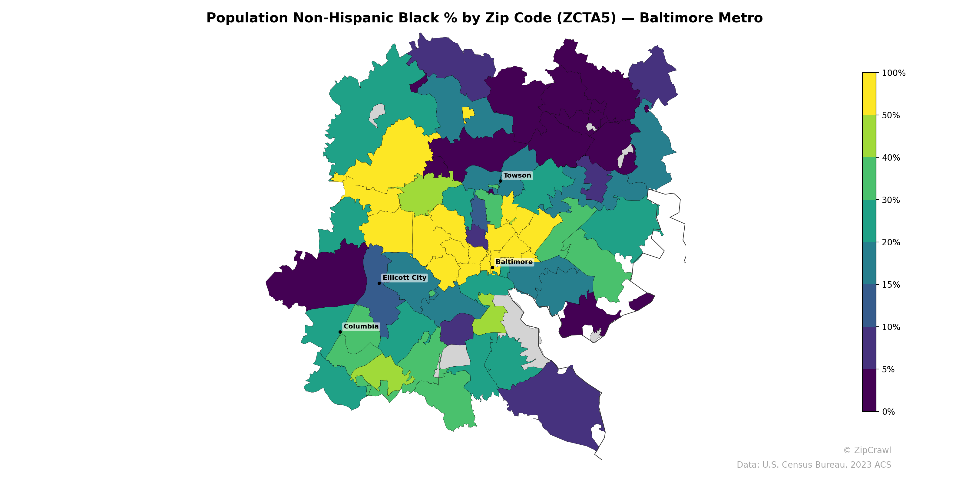 Population Non-Hispanic Black % by Zip Code (ZCTA5) — Baltimore Metro