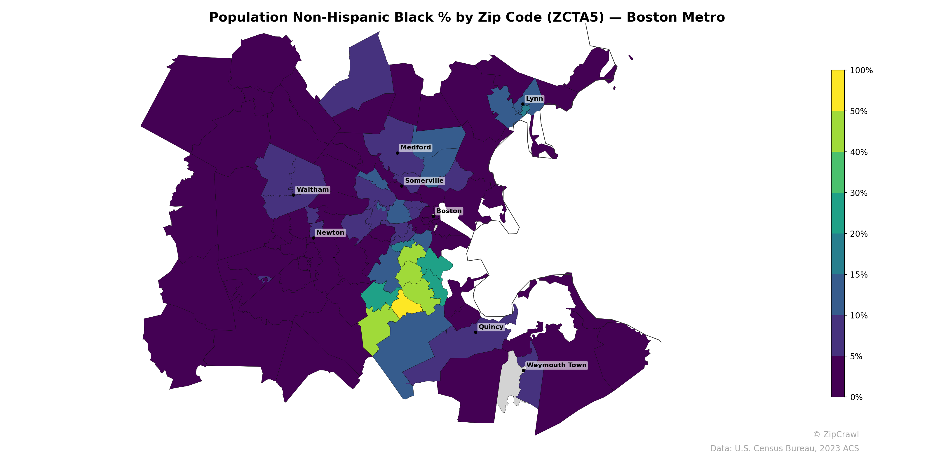Population Non-Hispanic Black % by Zip Code (ZCTA5) — Boston Metro
