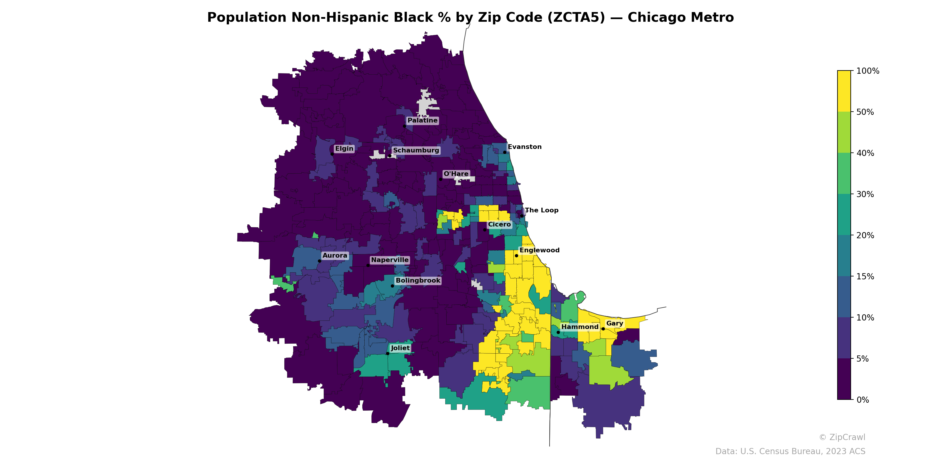 Population Non-Hispanic Black % by Zip Code (ZCTA5) — Chicago Metro