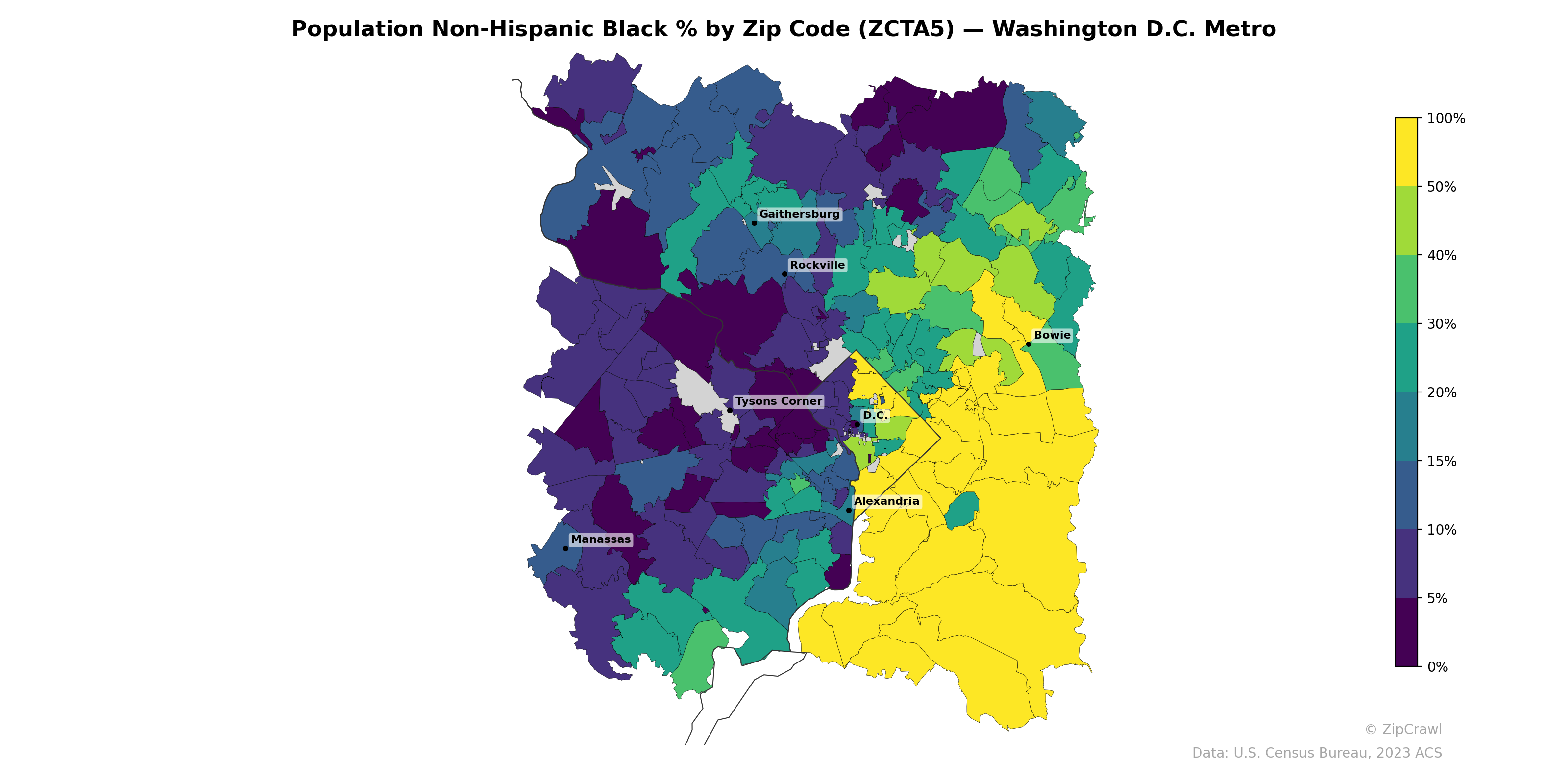 Population Non-Hispanic Black % by Zip Code (ZCTA5) — Washington D.C. Metro