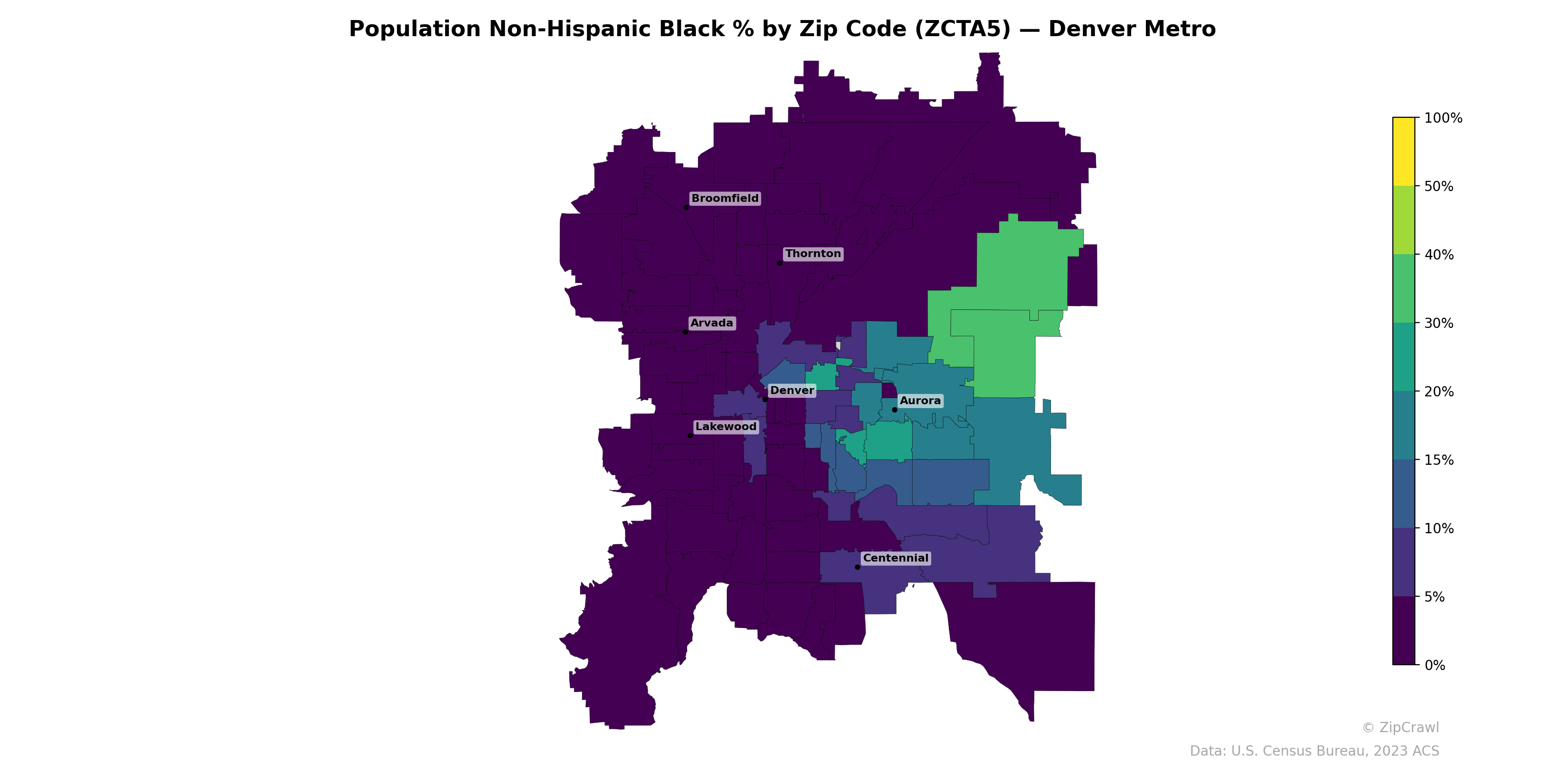Population Non-Hispanic Black % by Zip Code (ZCTA5) — Denver Metro