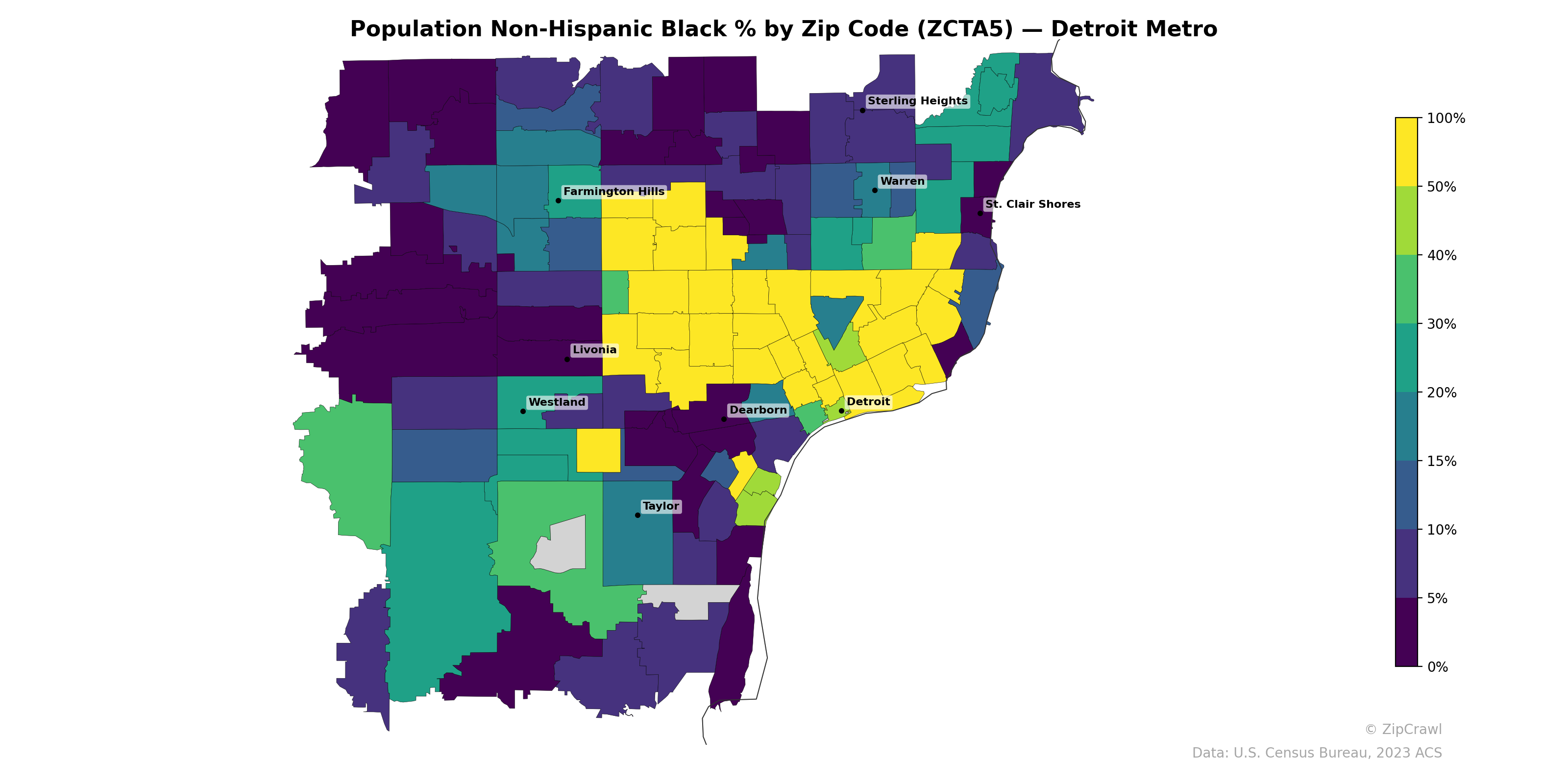 Population Non-Hispanic Black % by Zip Code (ZCTA5) — Detroit Metro