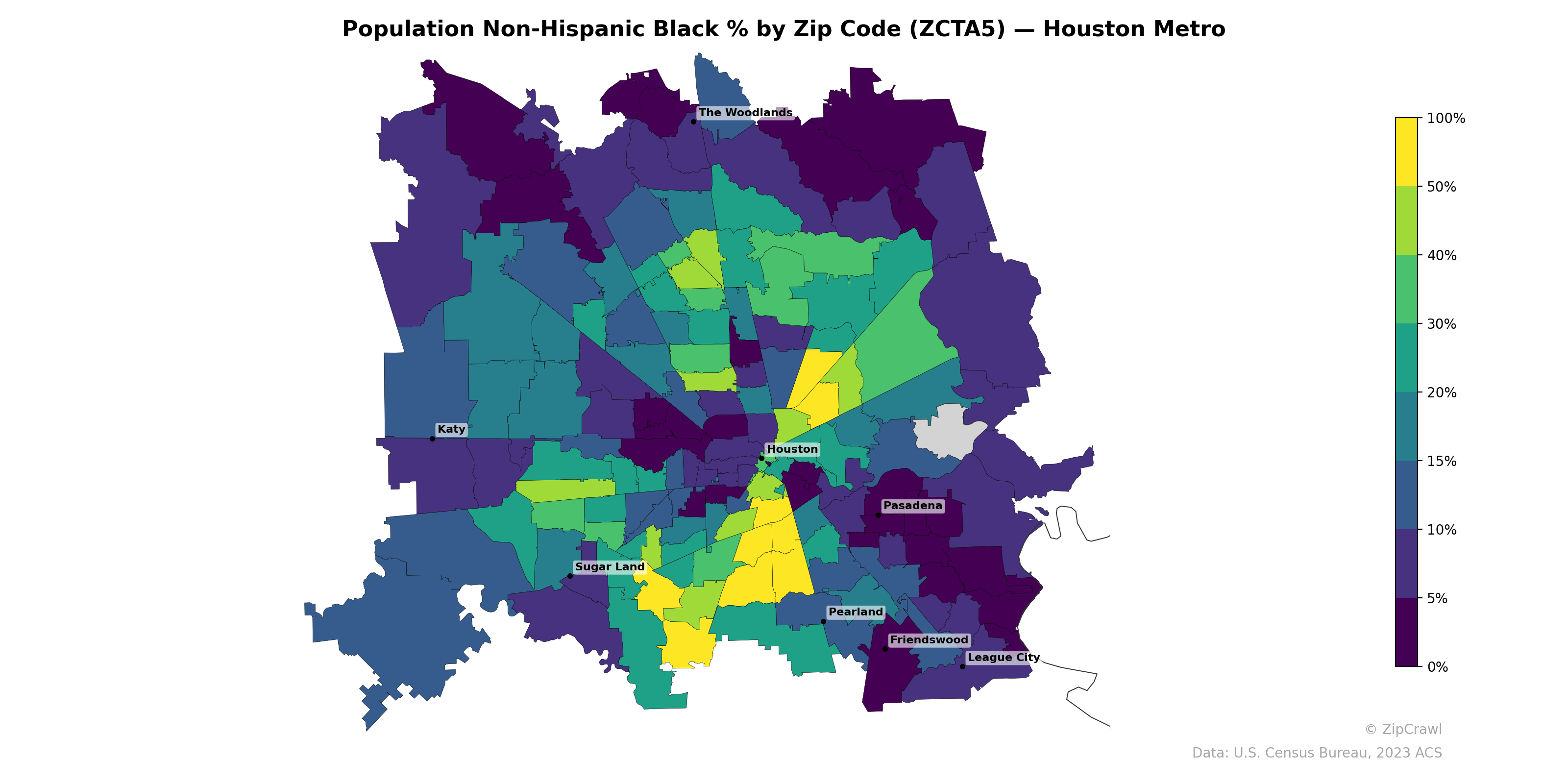 Population Non-Hispanic Black % by Zip Code (ZCTA5) — Houston Metro