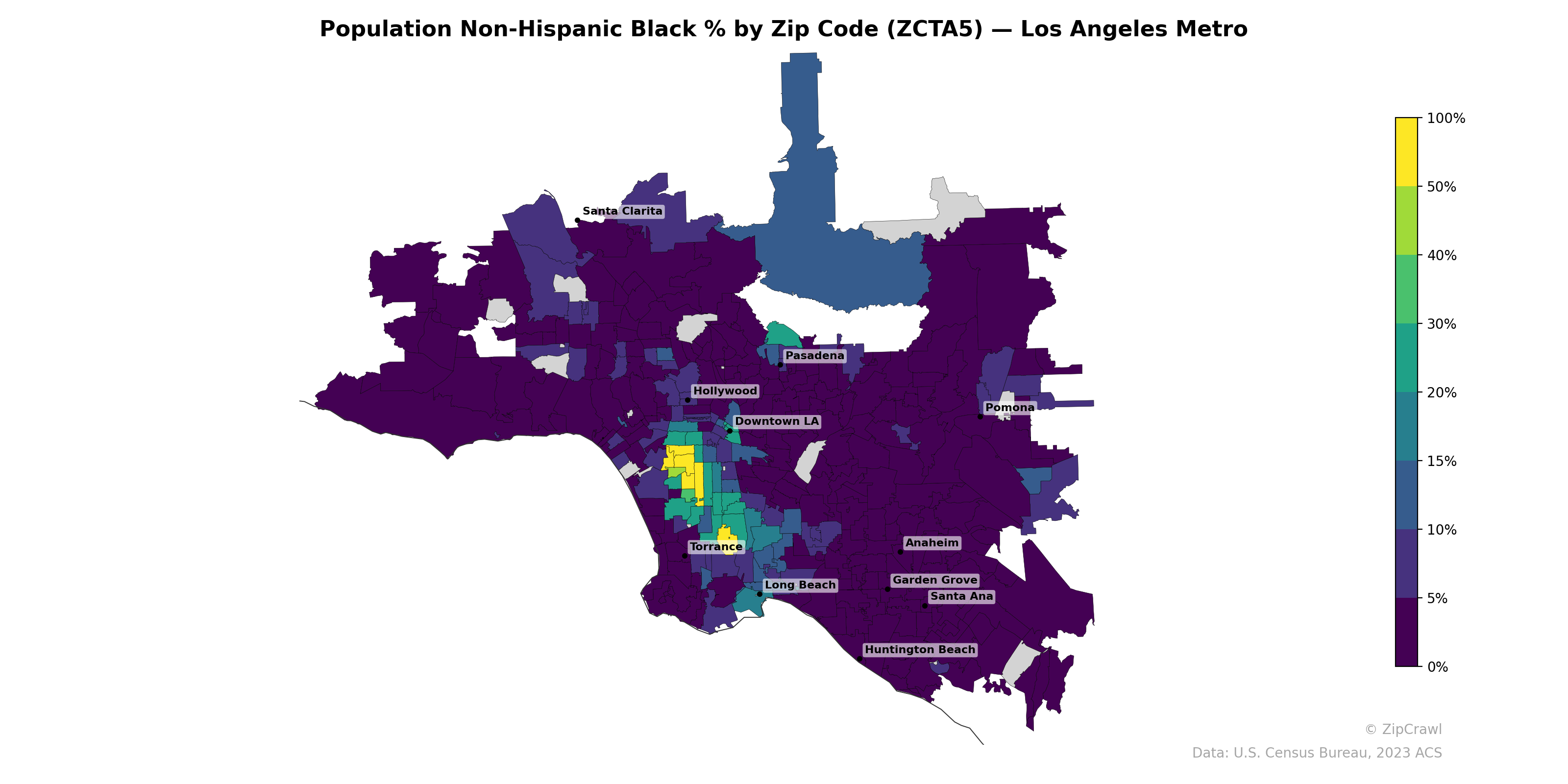 Population Non-Hispanic Black % by Zip Code (ZCTA5) — Los Angeles Metro