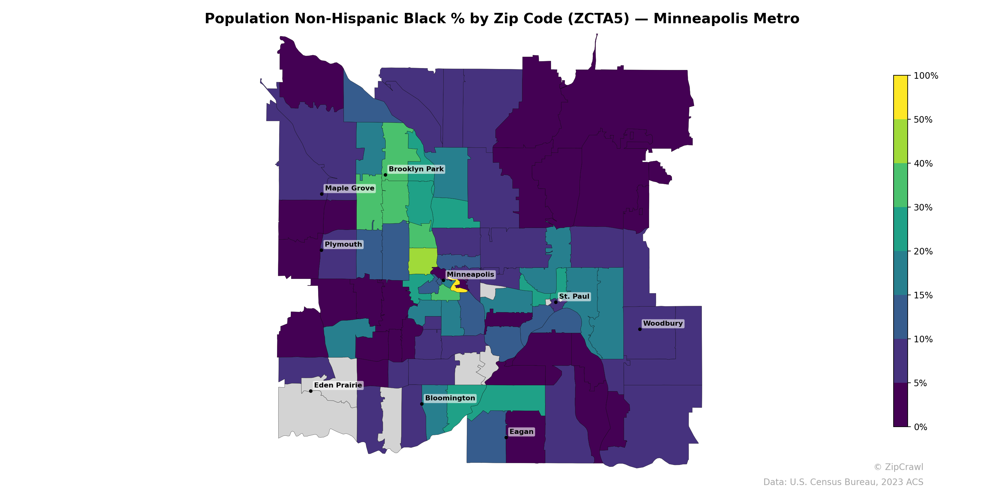 Population Non-Hispanic Black % by Zip Code (ZCTA5) — Minneapolis Metro
