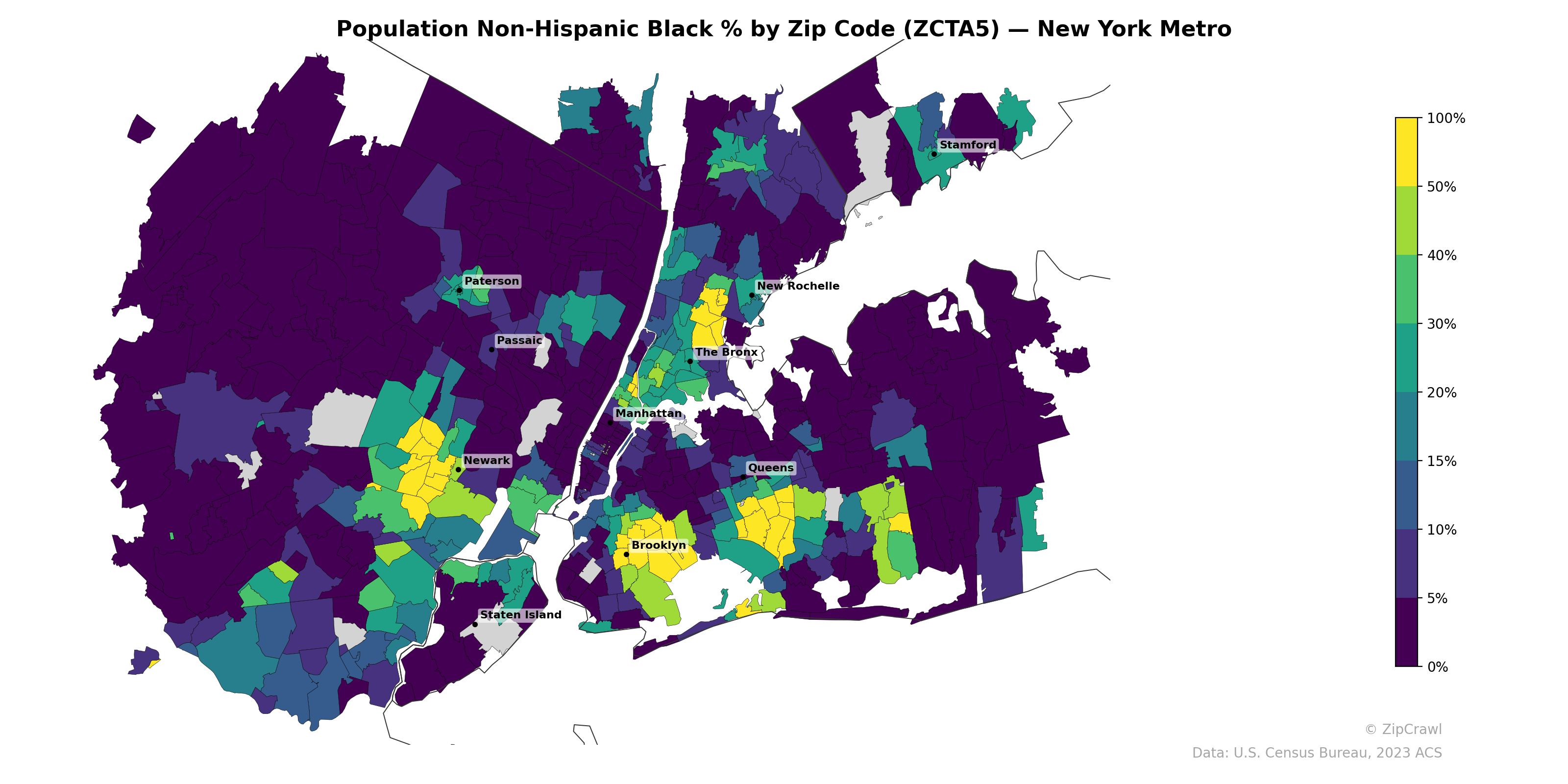 Population Non-Hispanic Black % by Zip Code (ZCTA5) — New York Metro
