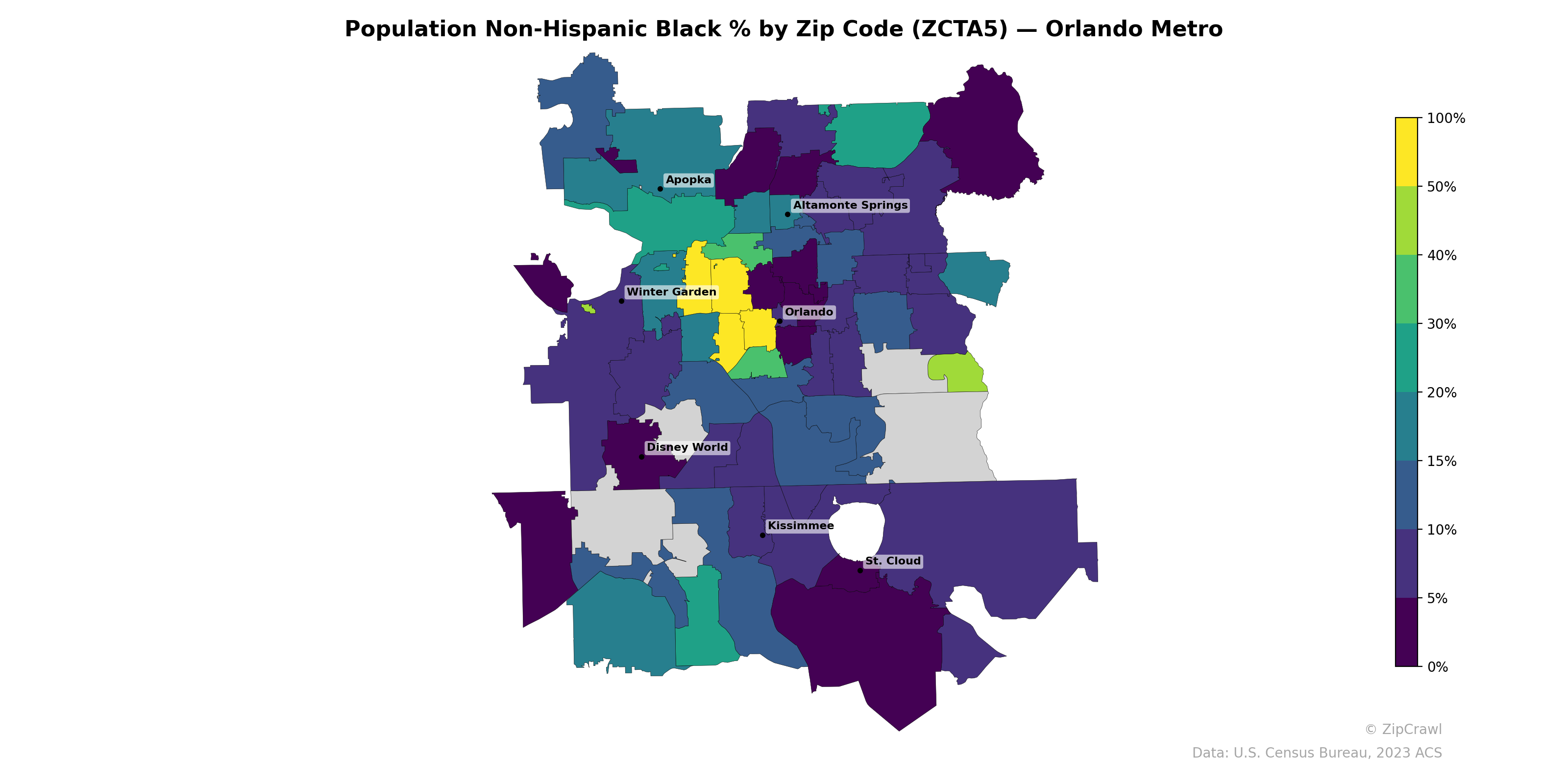 Population Non-Hispanic Black % by Zip Code (ZCTA5) — Orlando Metro