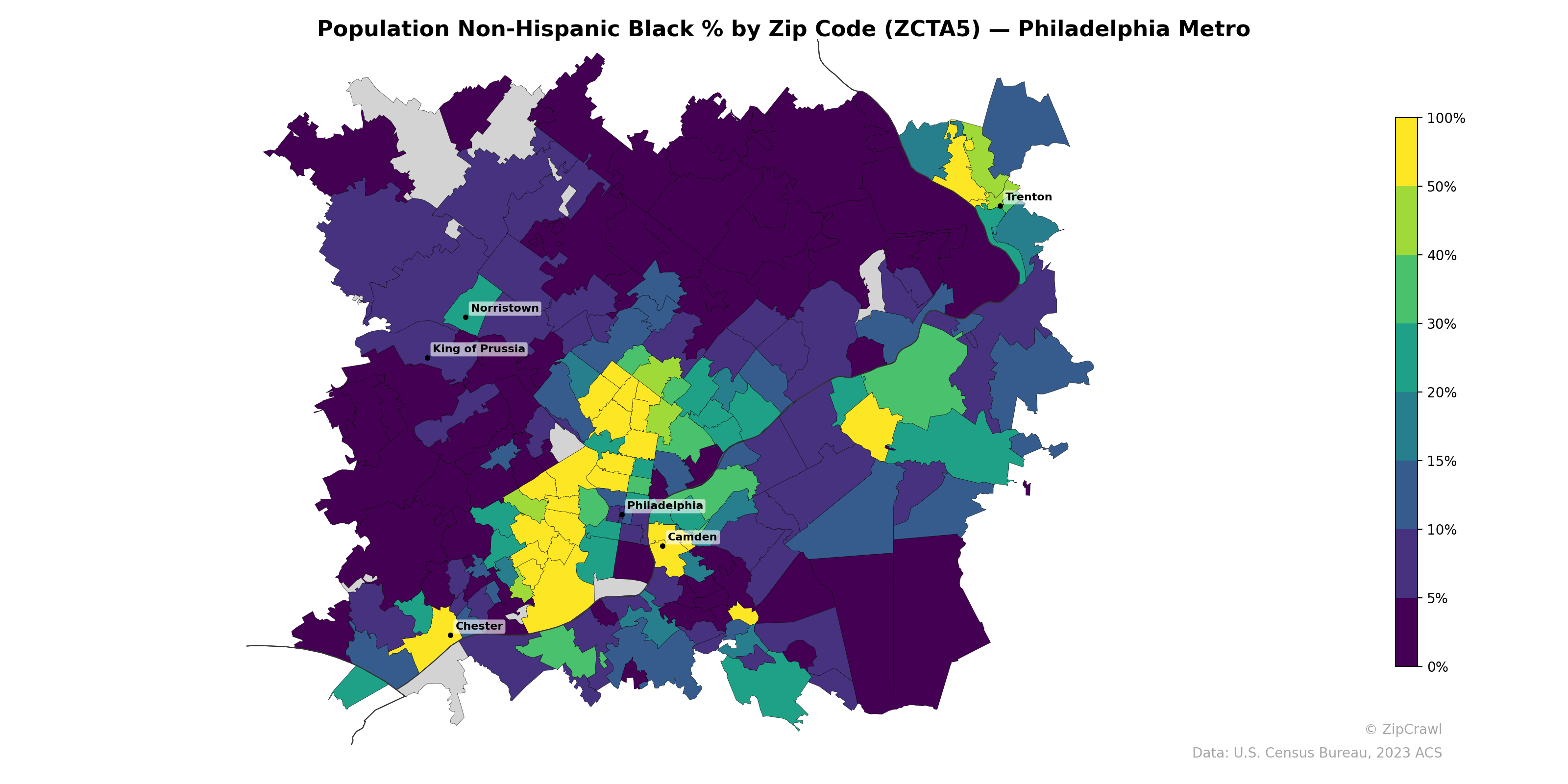 Population Non-Hispanic Black % by Zip Code (ZCTA5) — Philadelphia Metro