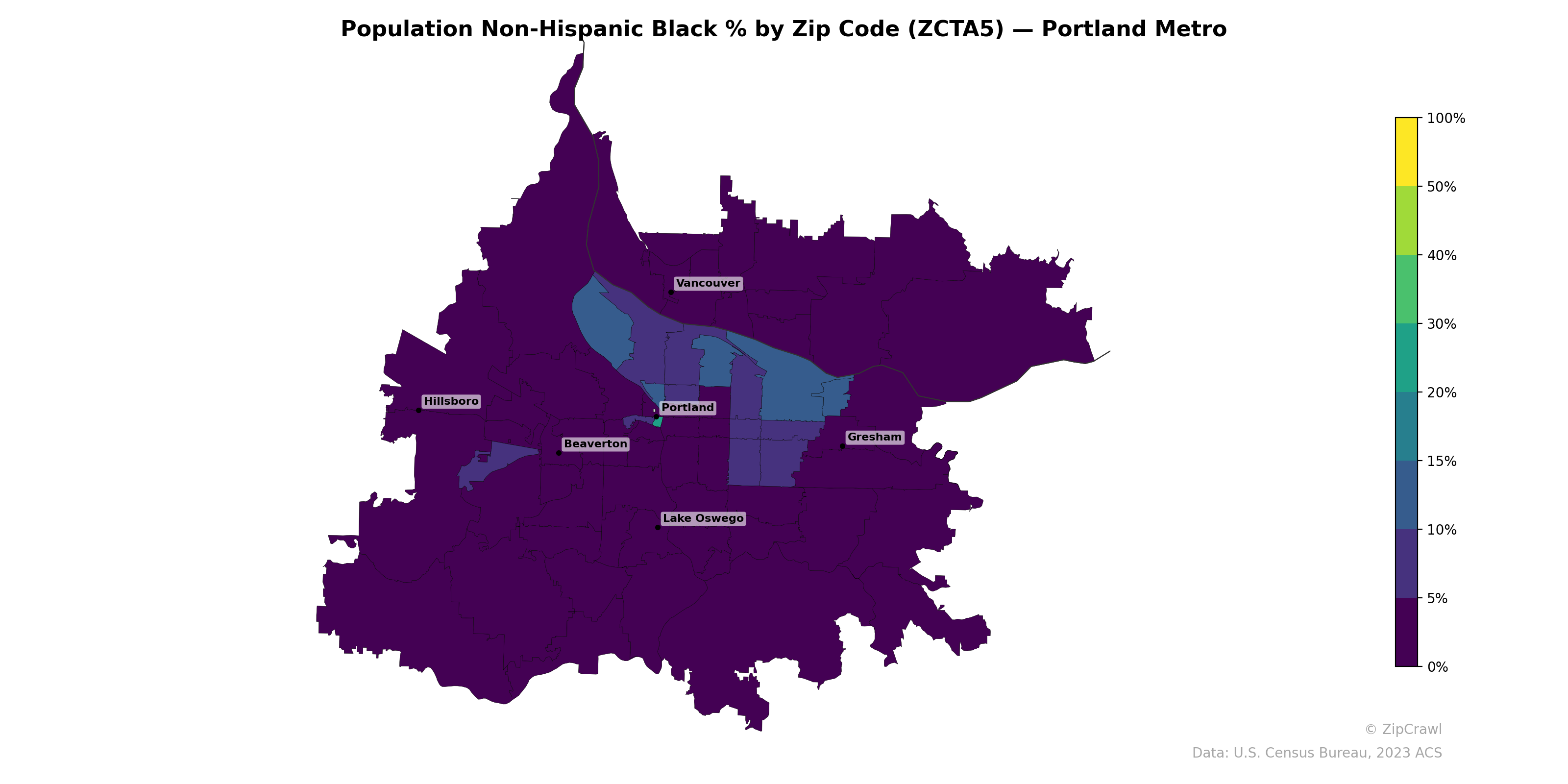 Population Non-Hispanic Black % by Zip Code (ZCTA5) — Portland Metro
