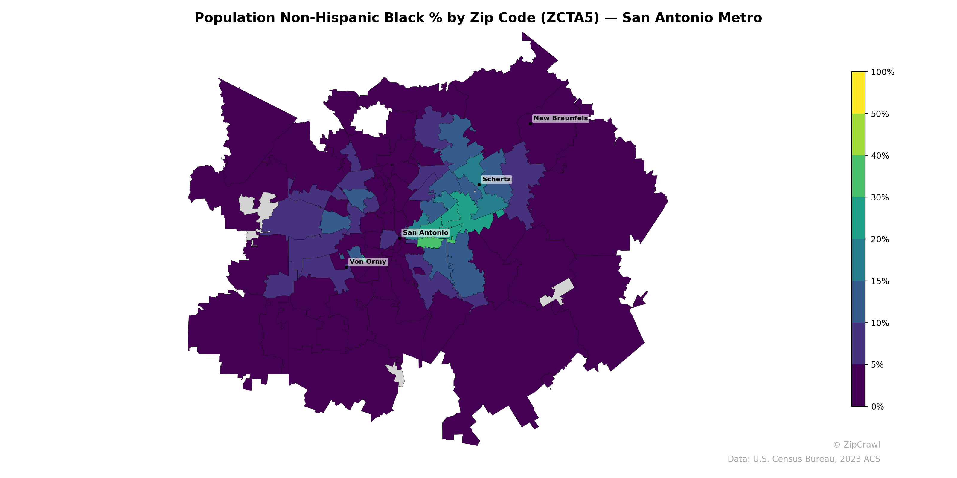 Population Non-Hispanic Black % by Zip Code (ZCTA5) — San Antonio Metro