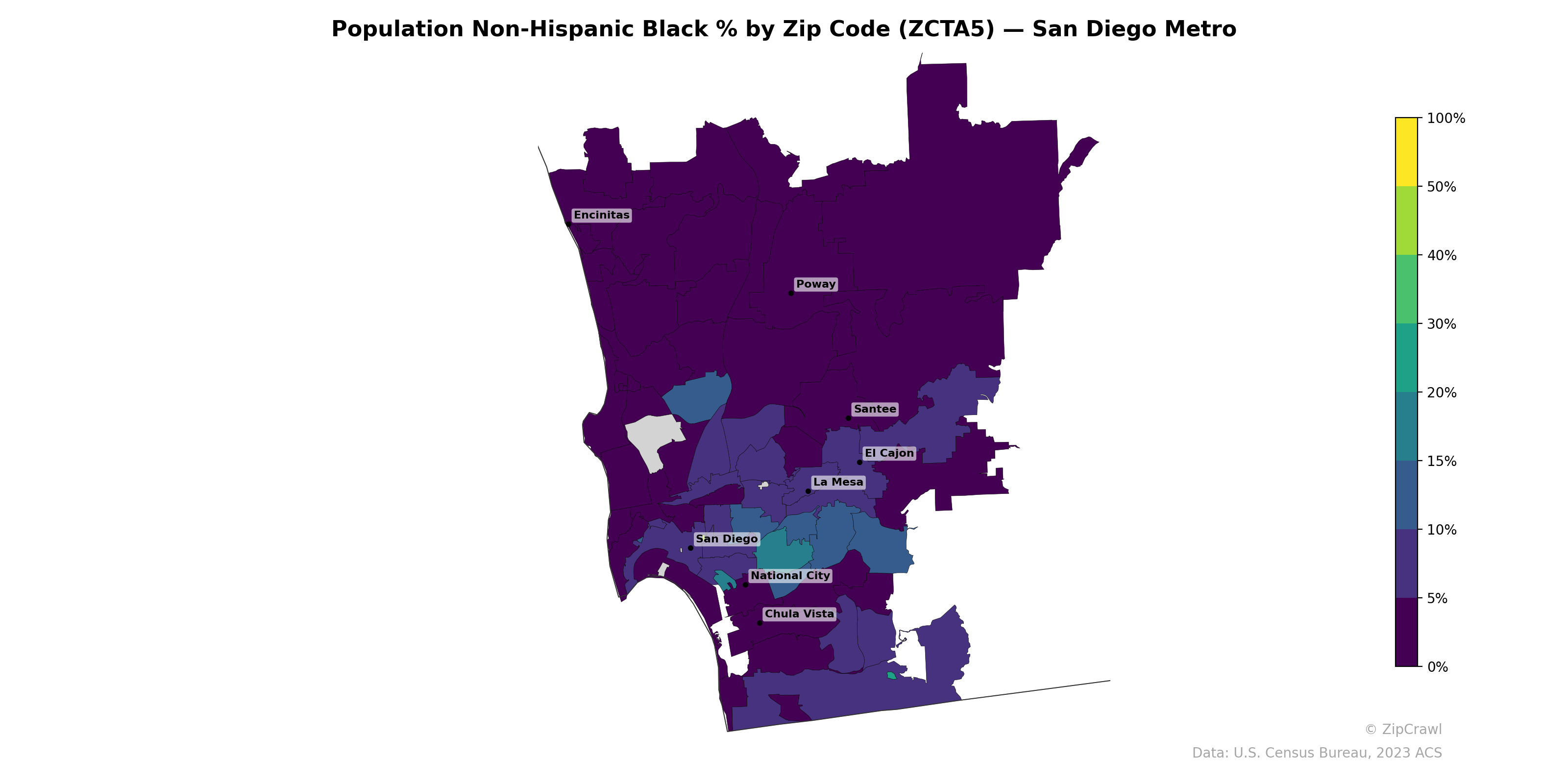 Population Non-Hispanic Black % by Zip Code (ZCTA5) — San Diego Metro