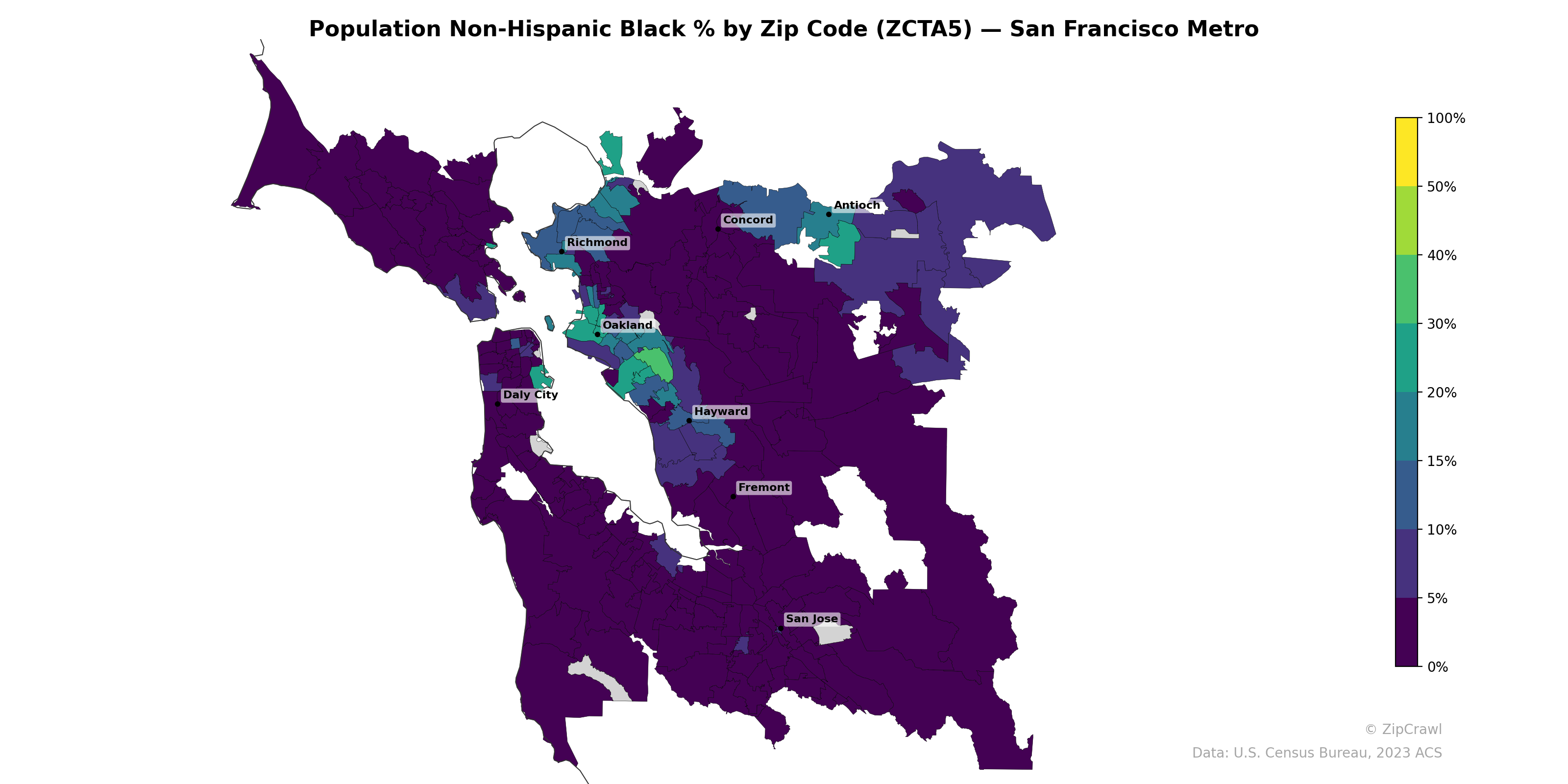 Population Non-Hispanic Black % by Zip Code (ZCTA5) — San Francisco Metro