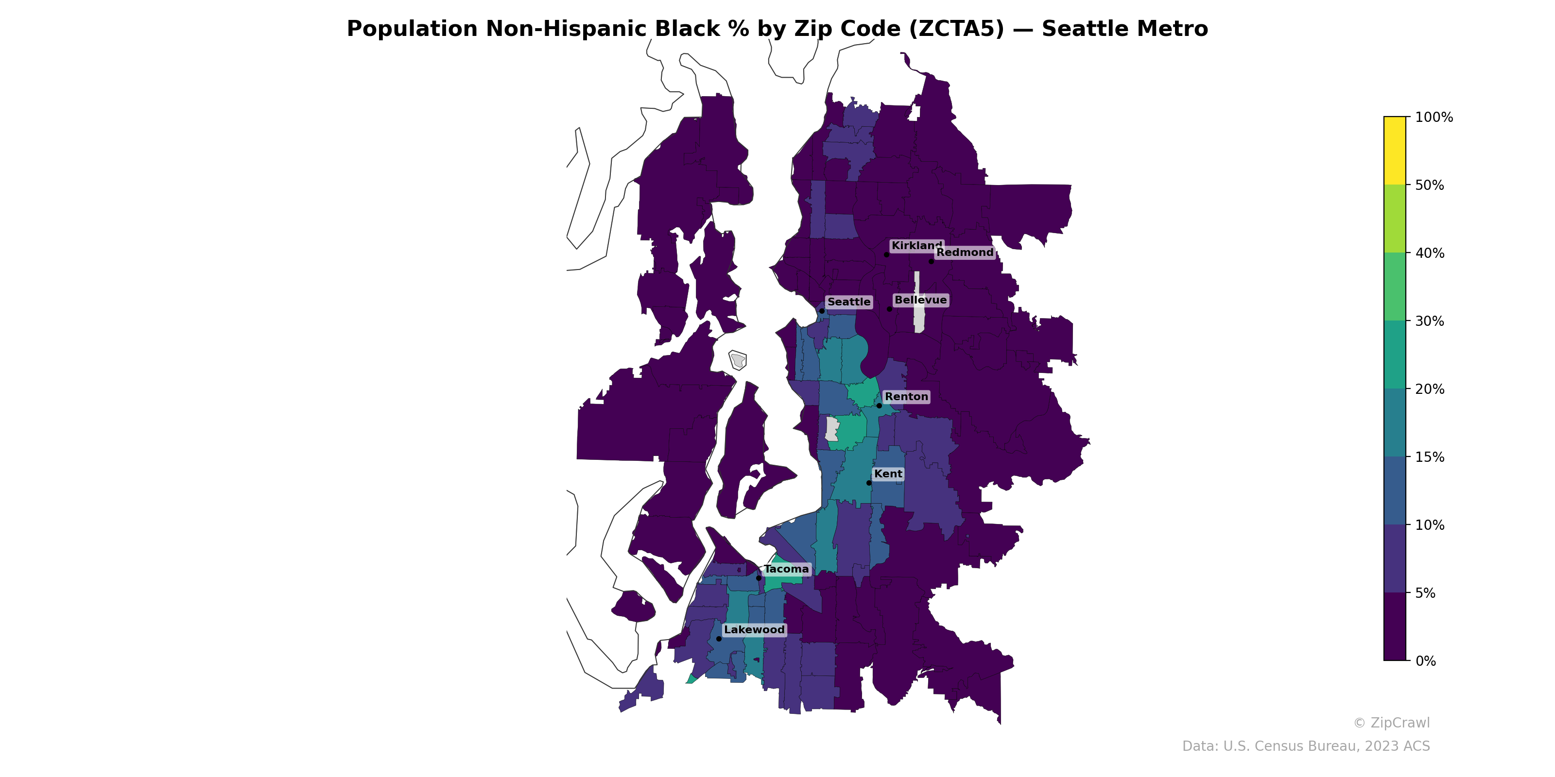 Population Non-Hispanic Black % by Zip Code (ZCTA5) — Seattle Metro