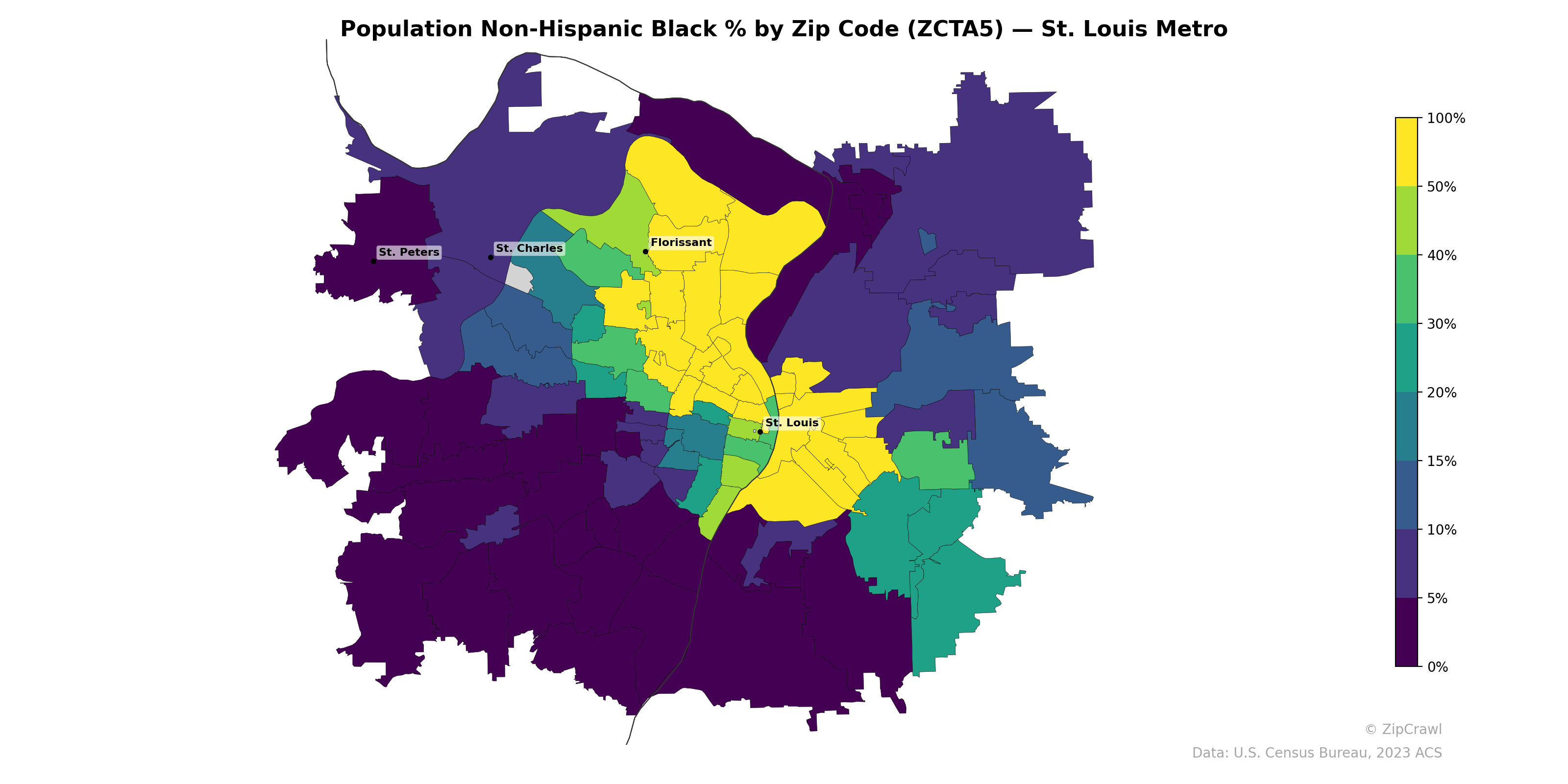 Population Non-Hispanic Black % by Zip Code (ZCTA5) — St. Louis Metro