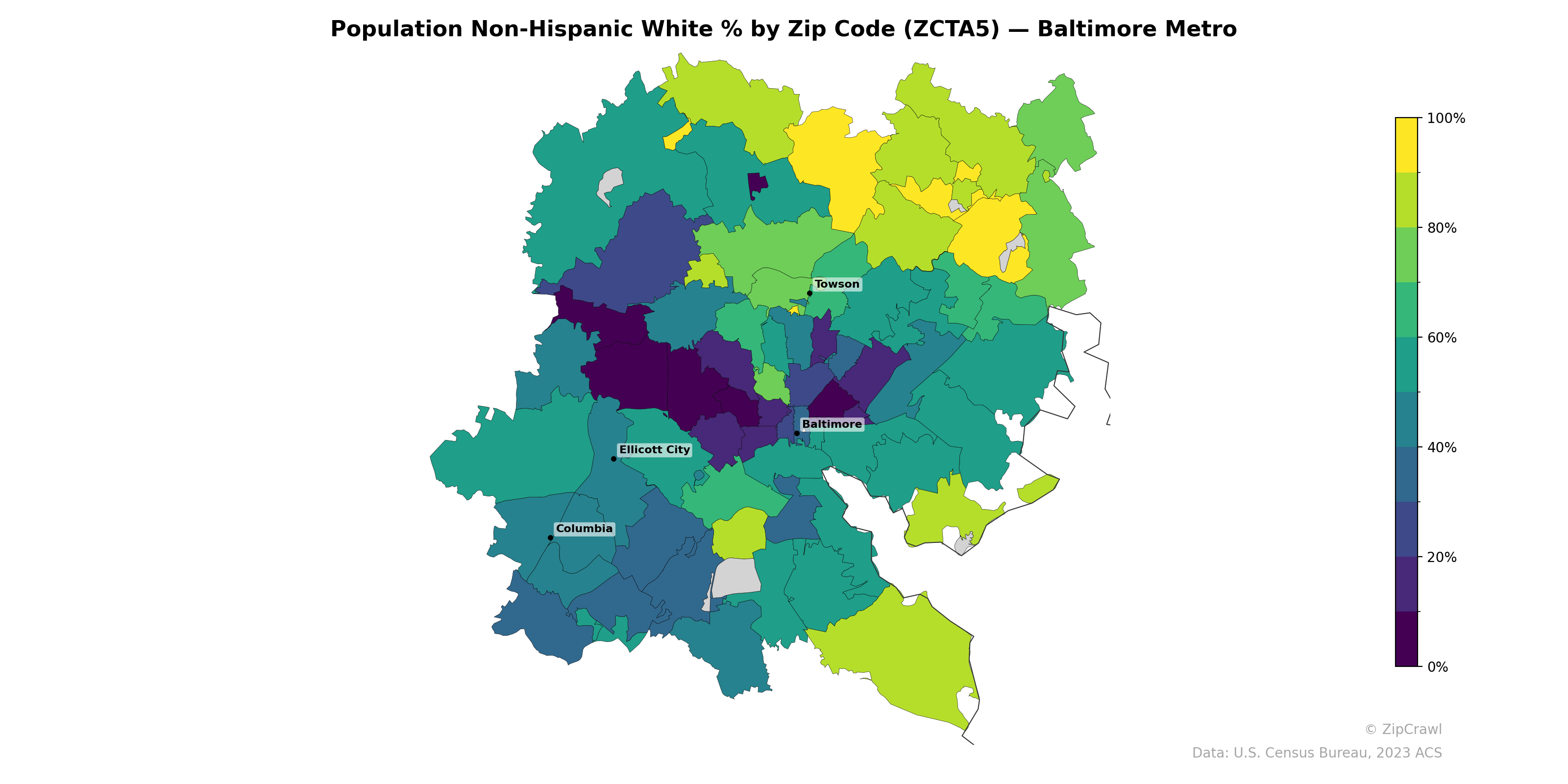 Population Non-Hispanic White % by Zip Code (ZCTA5) — Baltimore Metro