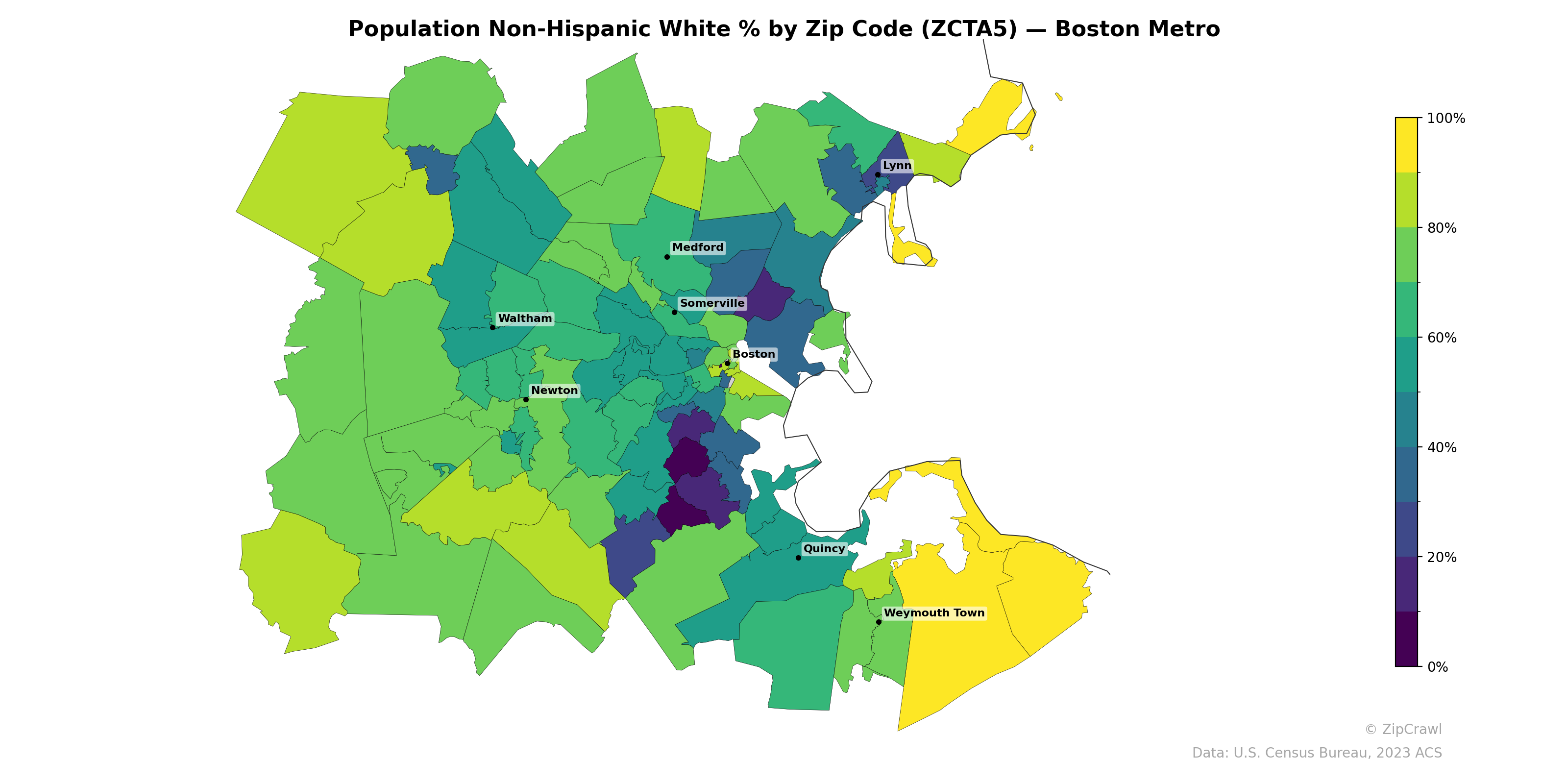 Population Non-Hispanic White % by Zip Code (ZCTA5) — Boston Metro