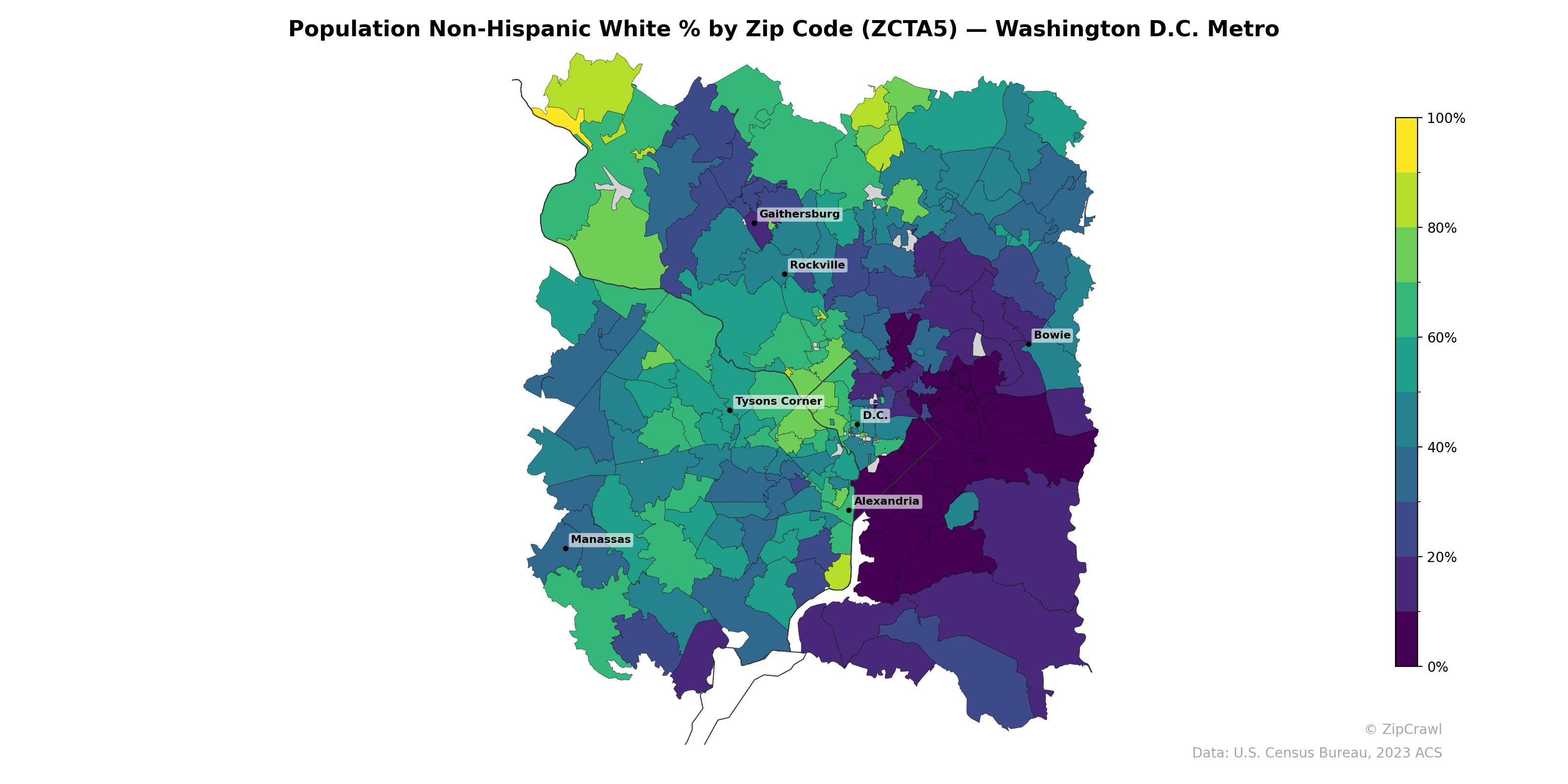 Population Non-Hispanic White % by Zip Code (ZCTA5) — Washington D.C. Metro