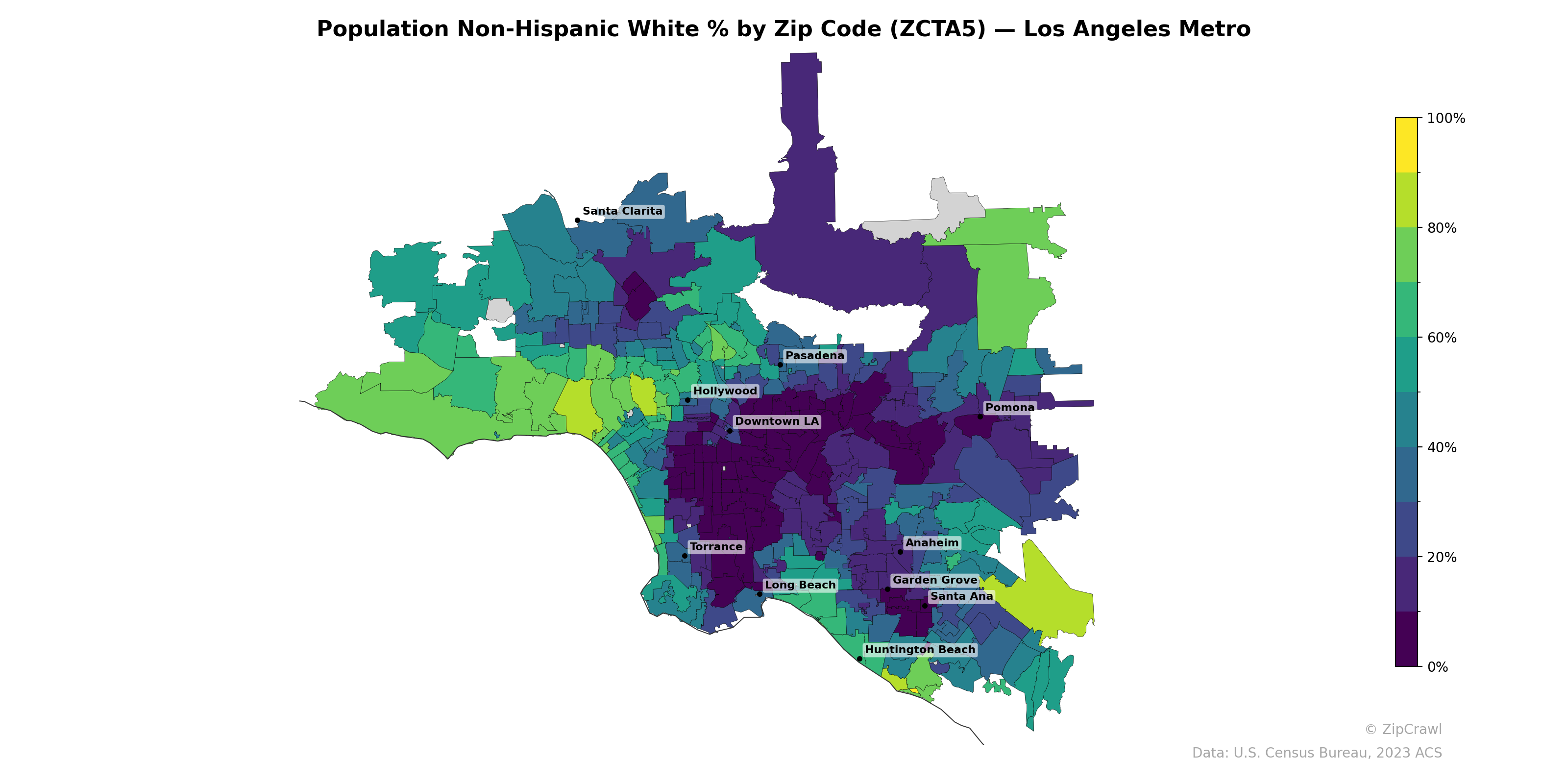 Population Non-Hispanic White % by Zip Code (ZCTA5) — Los Angeles Metro