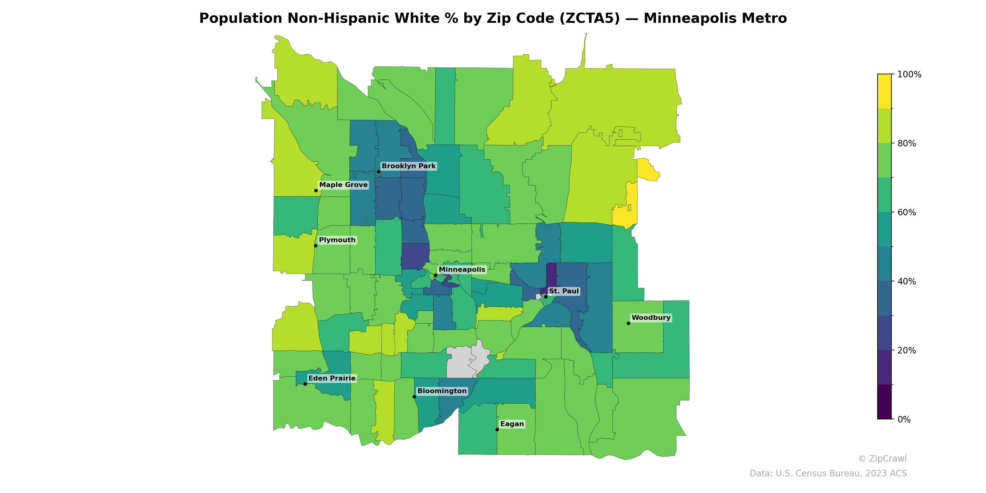 Population Non-Hispanic White % by Zip Code (ZCTA5) — Minneapolis Metro