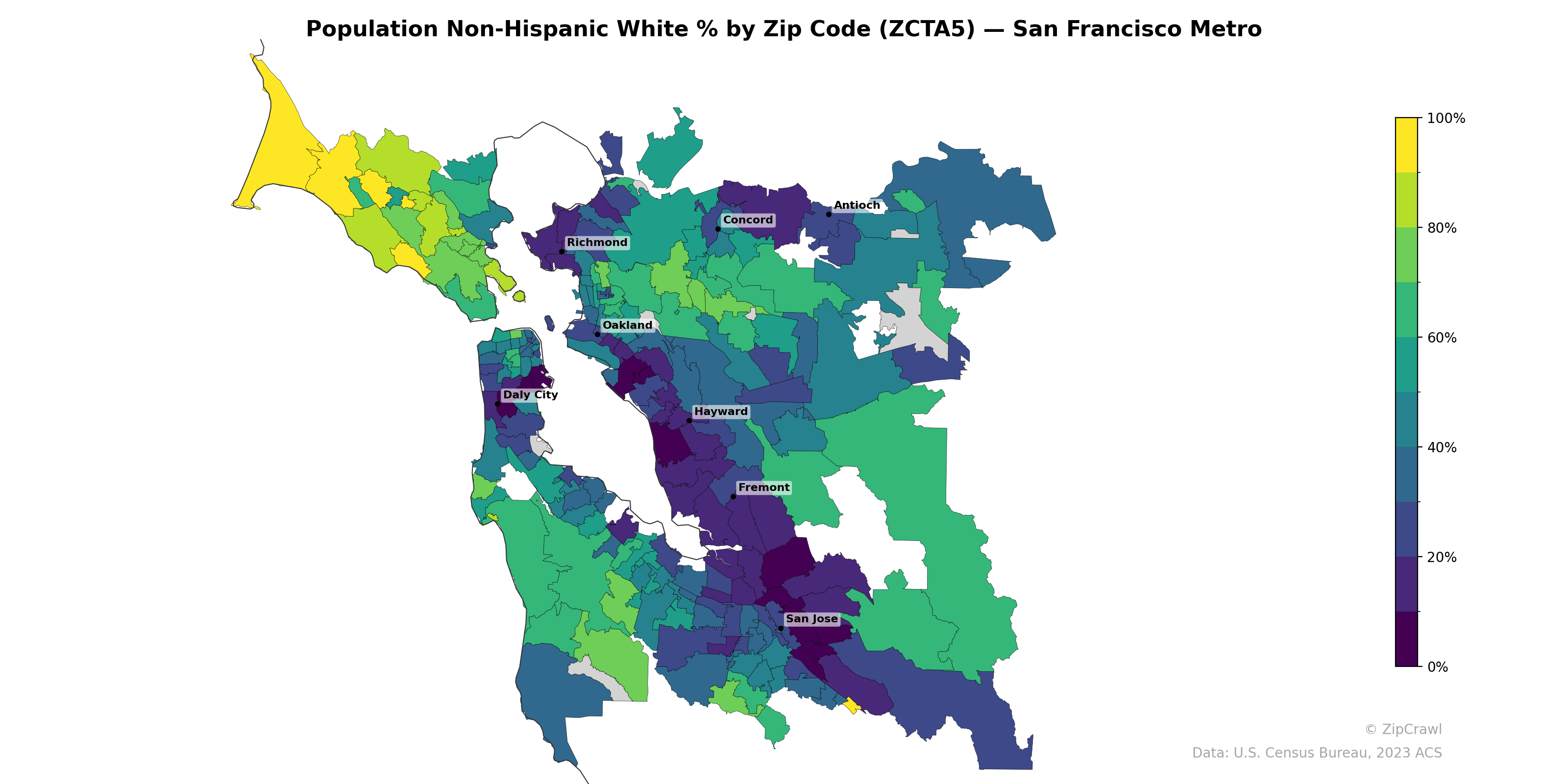 Population Non-Hispanic White % by Zip Code (ZCTA5) — San Francisco Metro