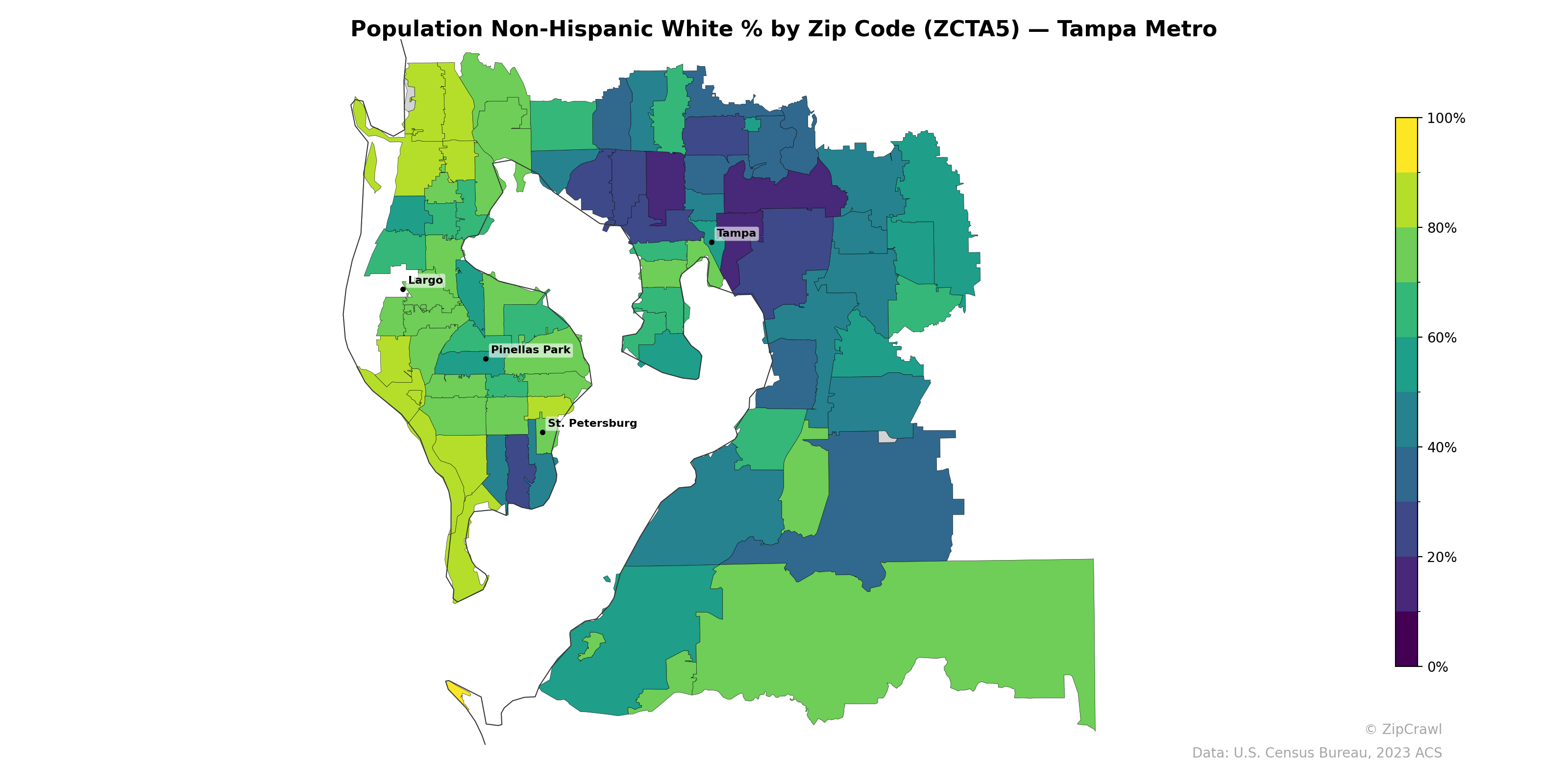 Population Non-Hispanic White % by Zip Code (ZCTA5) — Tampa Metro