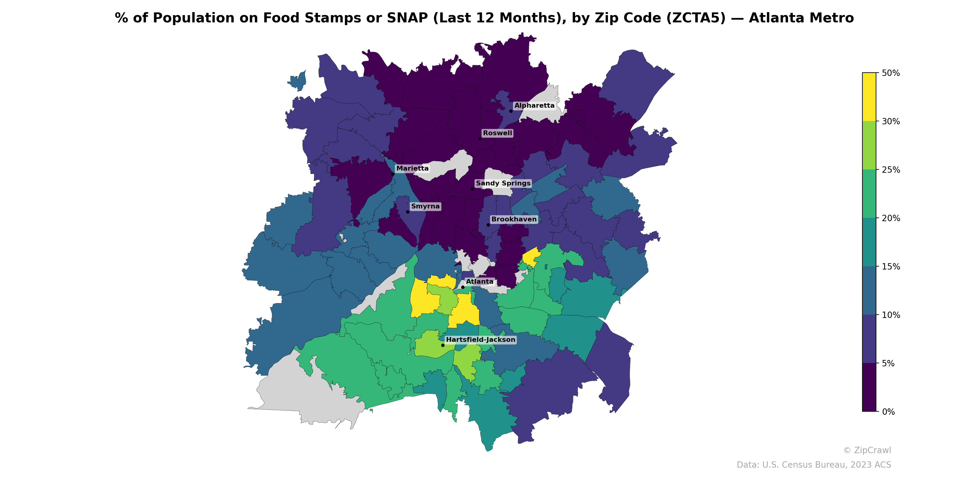 % of Population on Food Stamps or SNAP (Last 12 Months), by Zip Code (ZCTA5) — Atlanta Metro
