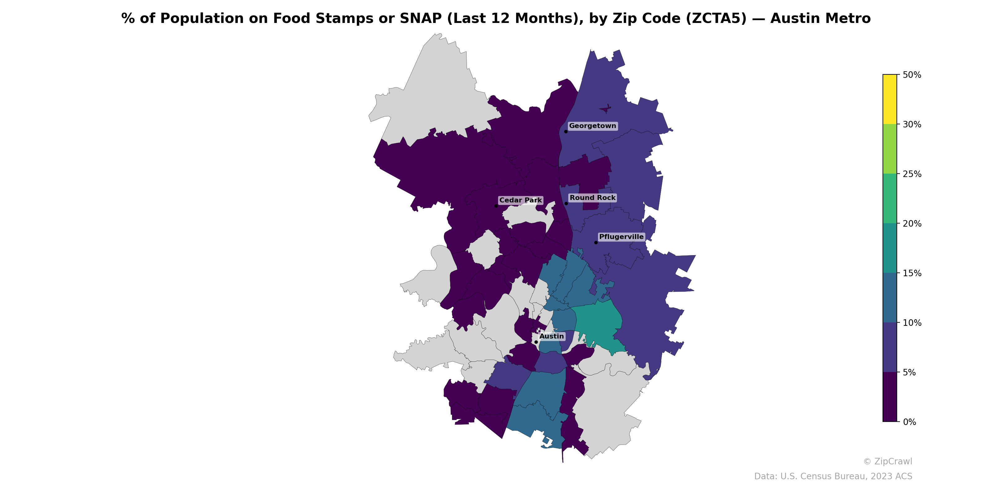 % of Population on Food Stamps or SNAP (Last 12 Months), by Zip Code (ZCTA5) — Austin Metro