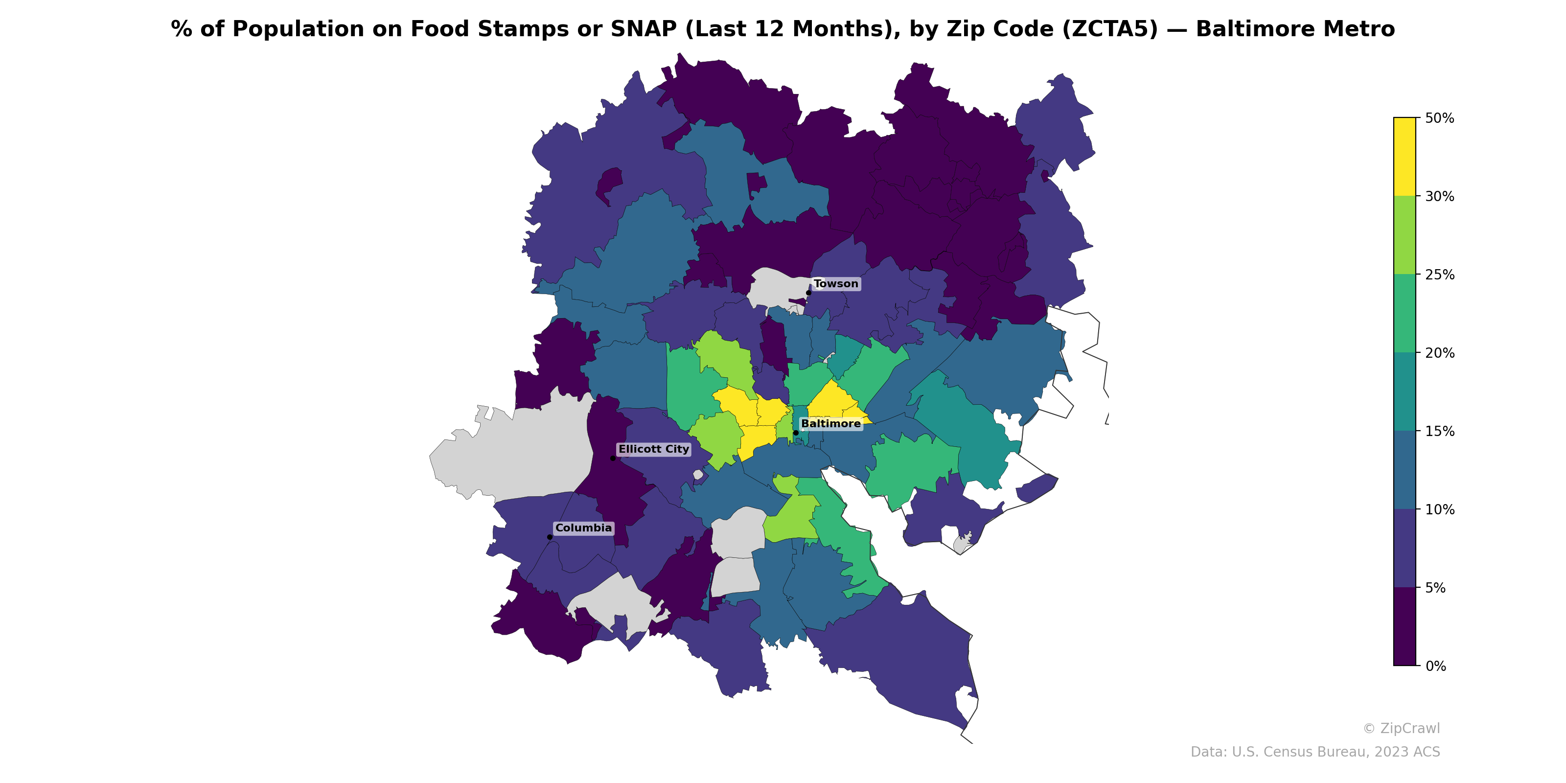 % of Population on Food Stamps or SNAP (Last 12 Months), by Zip Code (ZCTA5) — Baltimore Metro