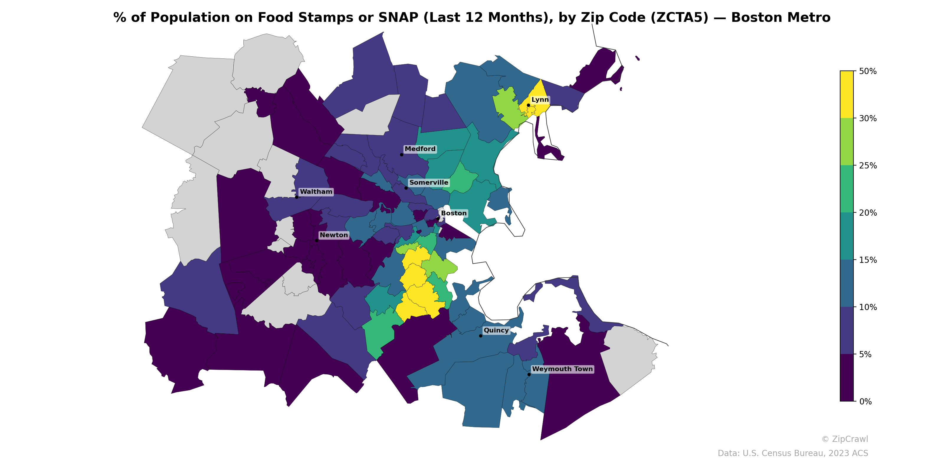 % of Population on Food Stamps or SNAP (Last 12 Months), by Zip Code (ZCTA5) — Boston Metro