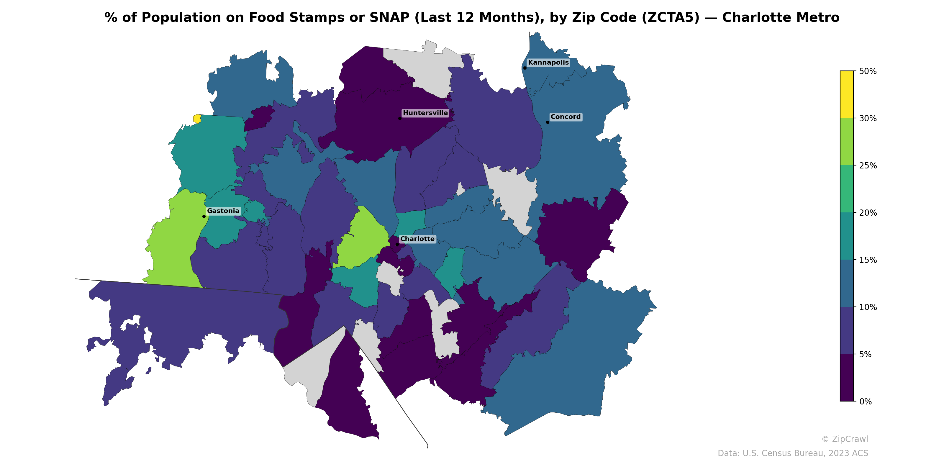 % of Population on Food Stamps or SNAP (Last 12 Months), by Zip Code (ZCTA5) — Charlotte Metro