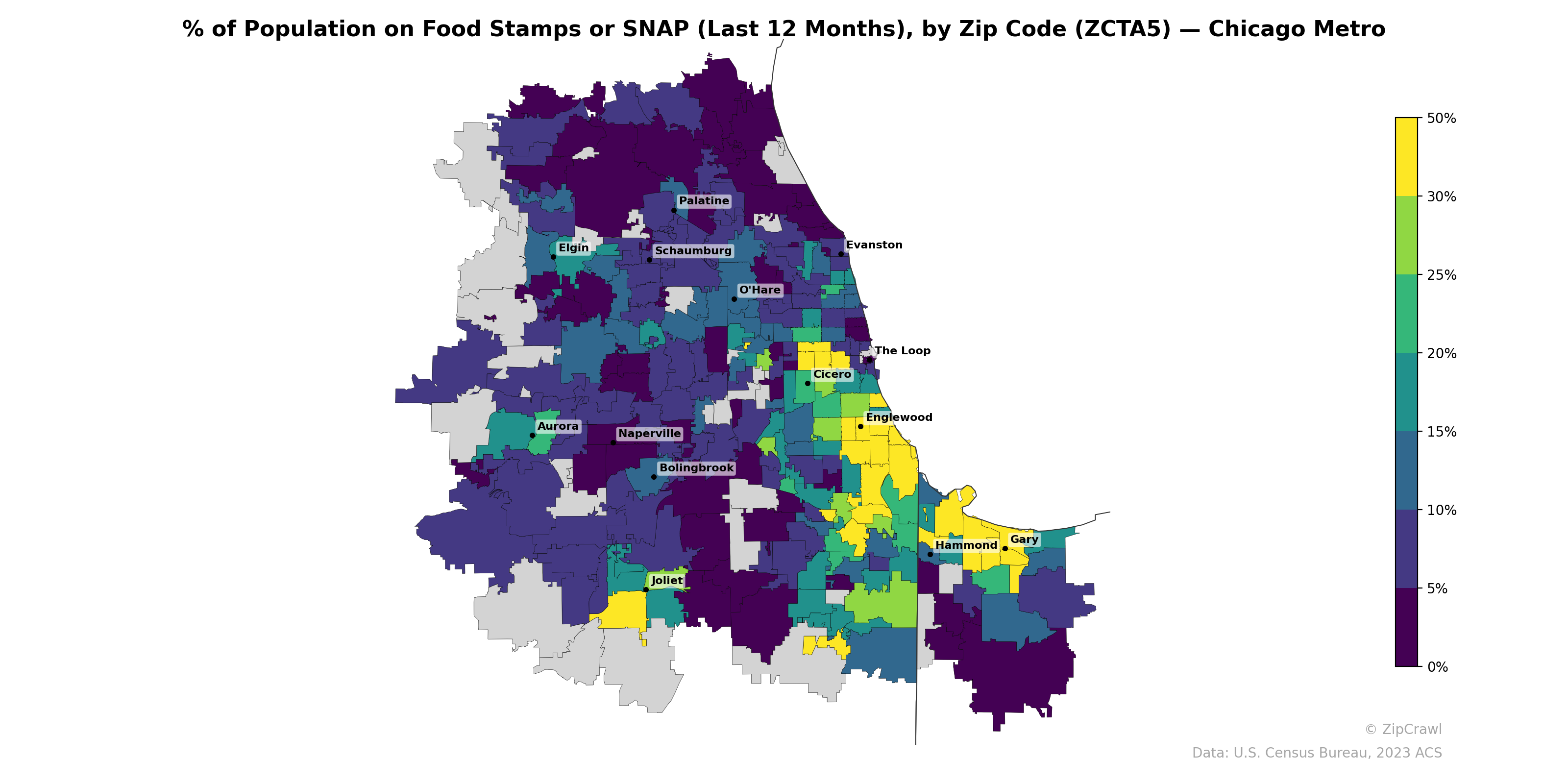 % of Population on Food Stamps or SNAP (Last 12 Months), by Zip Code (ZCTA5) — Chicago Metro