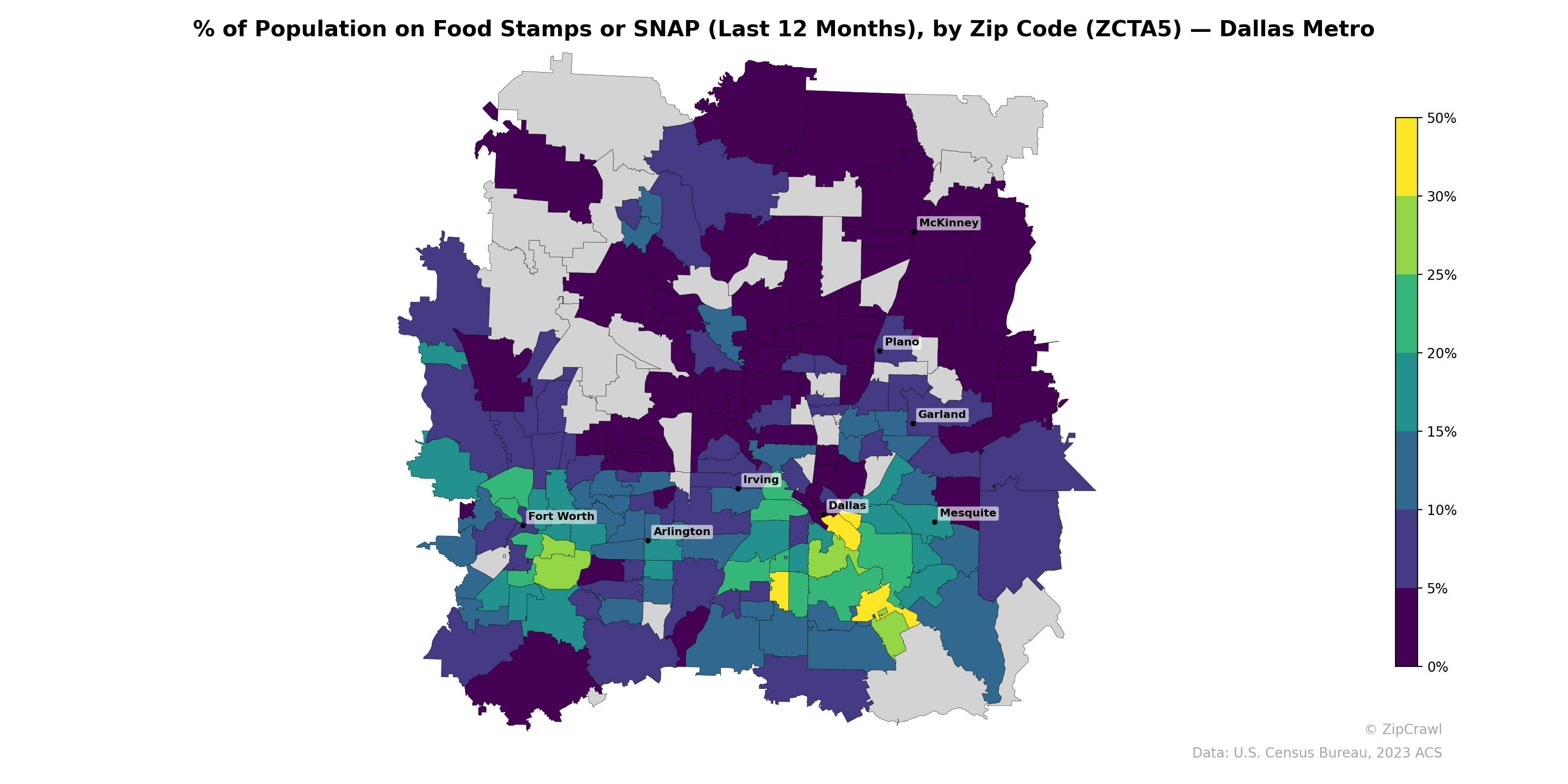 % of Population on Food Stamps or SNAP (Last 12 Months), by Zip Code (ZCTA5) — Dallas Metro