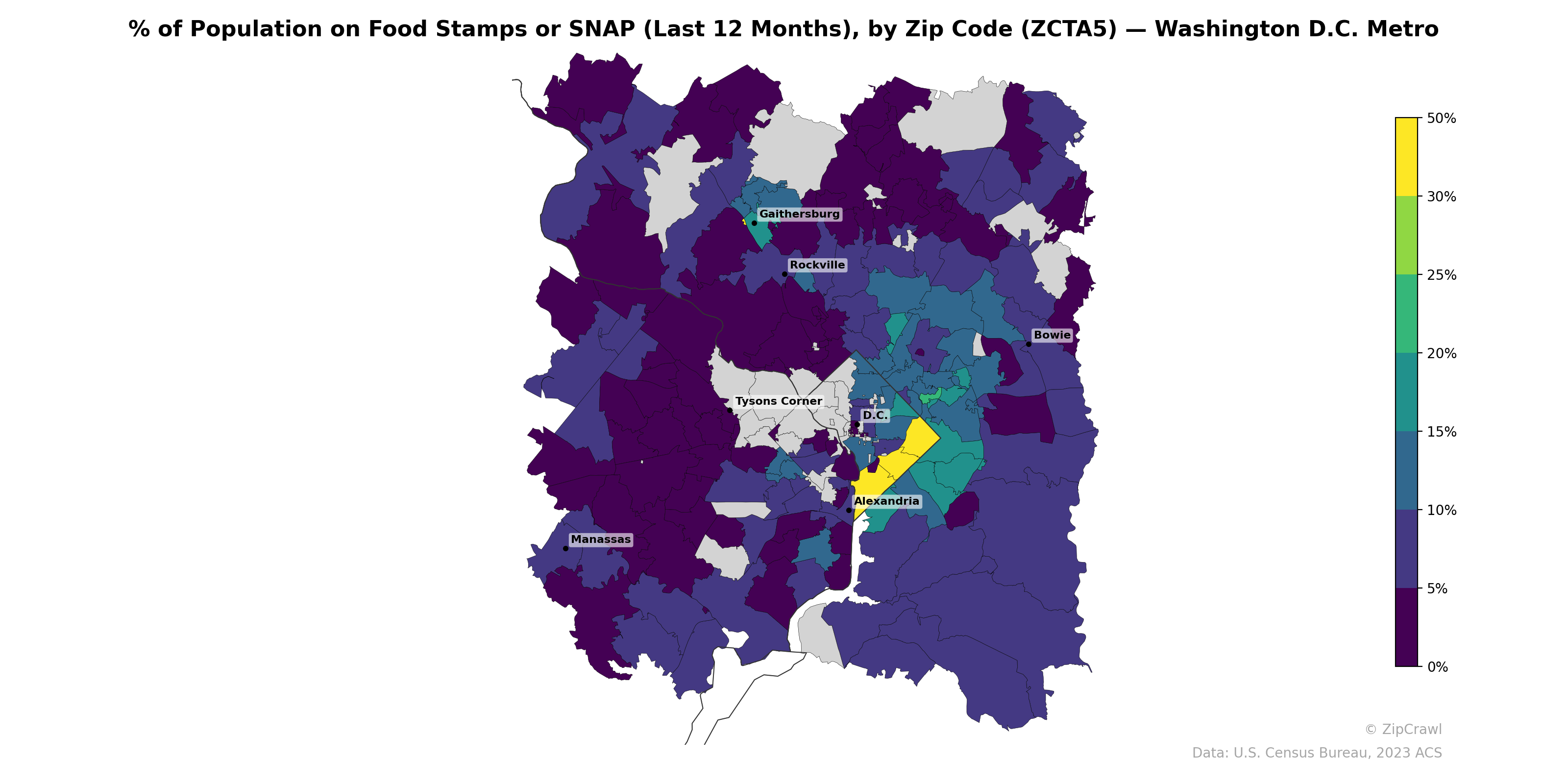 % of Population on Food Stamps or SNAP (Last 12 Months), by Zip Code (ZCTA5) — Washington D.C. Metro