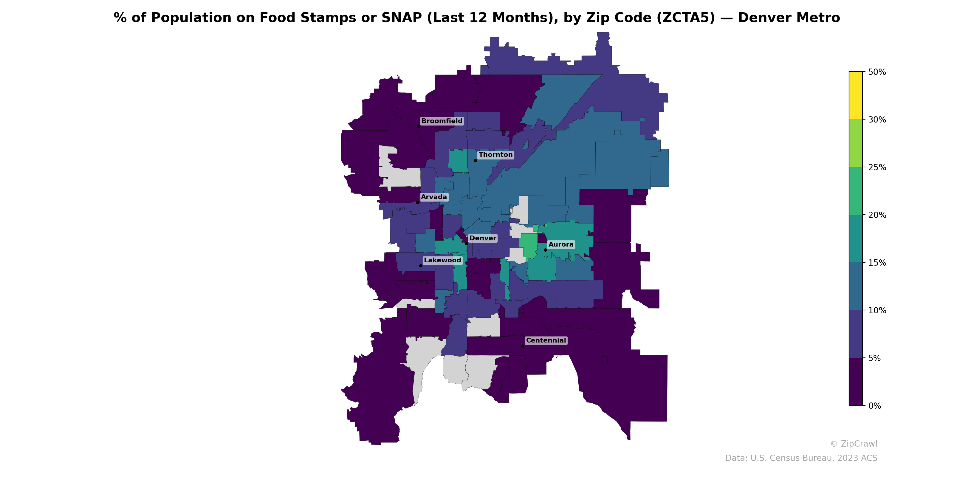 % of Population on Food Stamps or SNAP (Last 12 Months), by Zip Code (ZCTA5) — Denver Metro