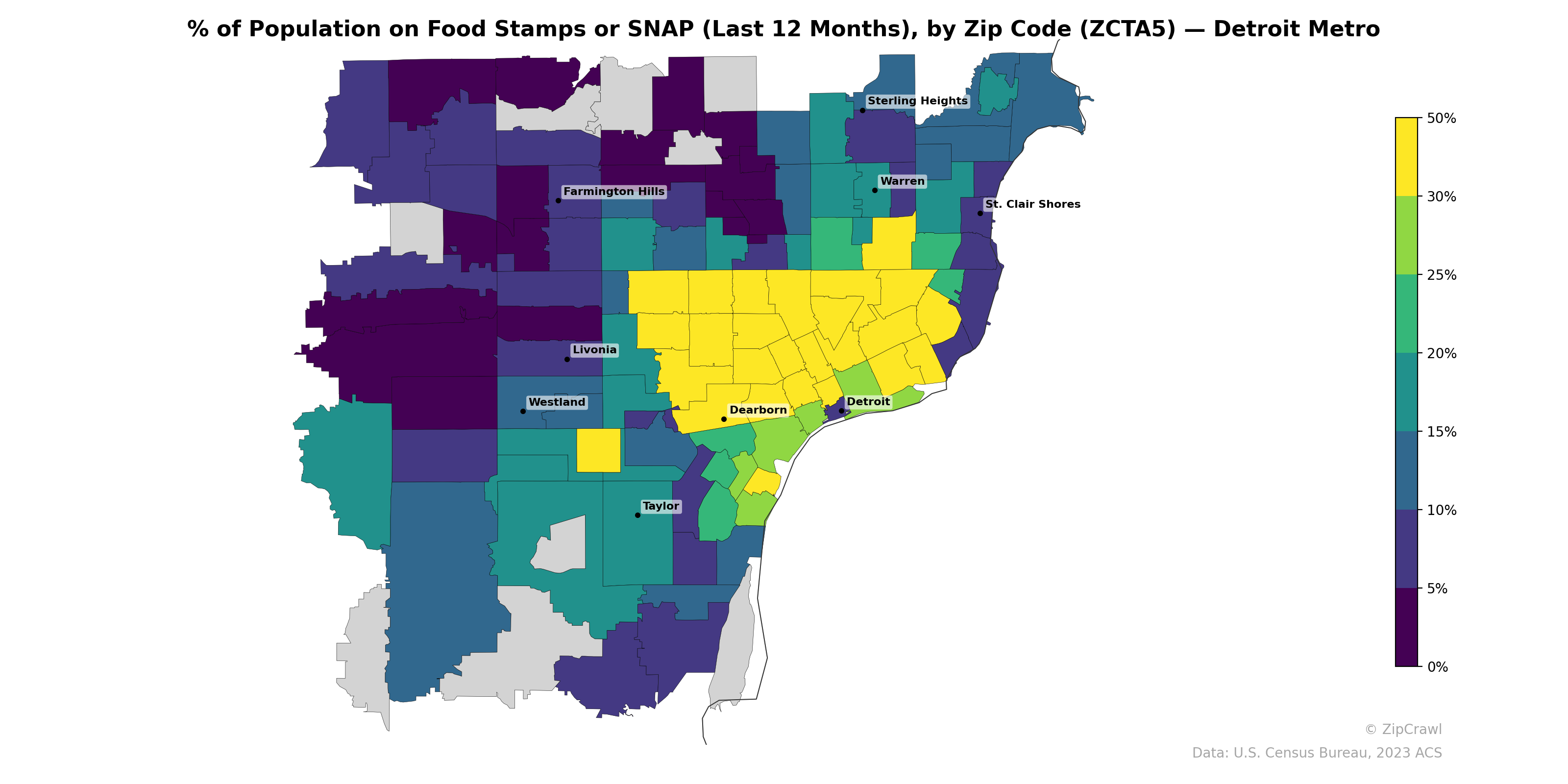 % of Population on Food Stamps or SNAP (Last 12 Months), by Zip Code (ZCTA5) — Detroit Metro