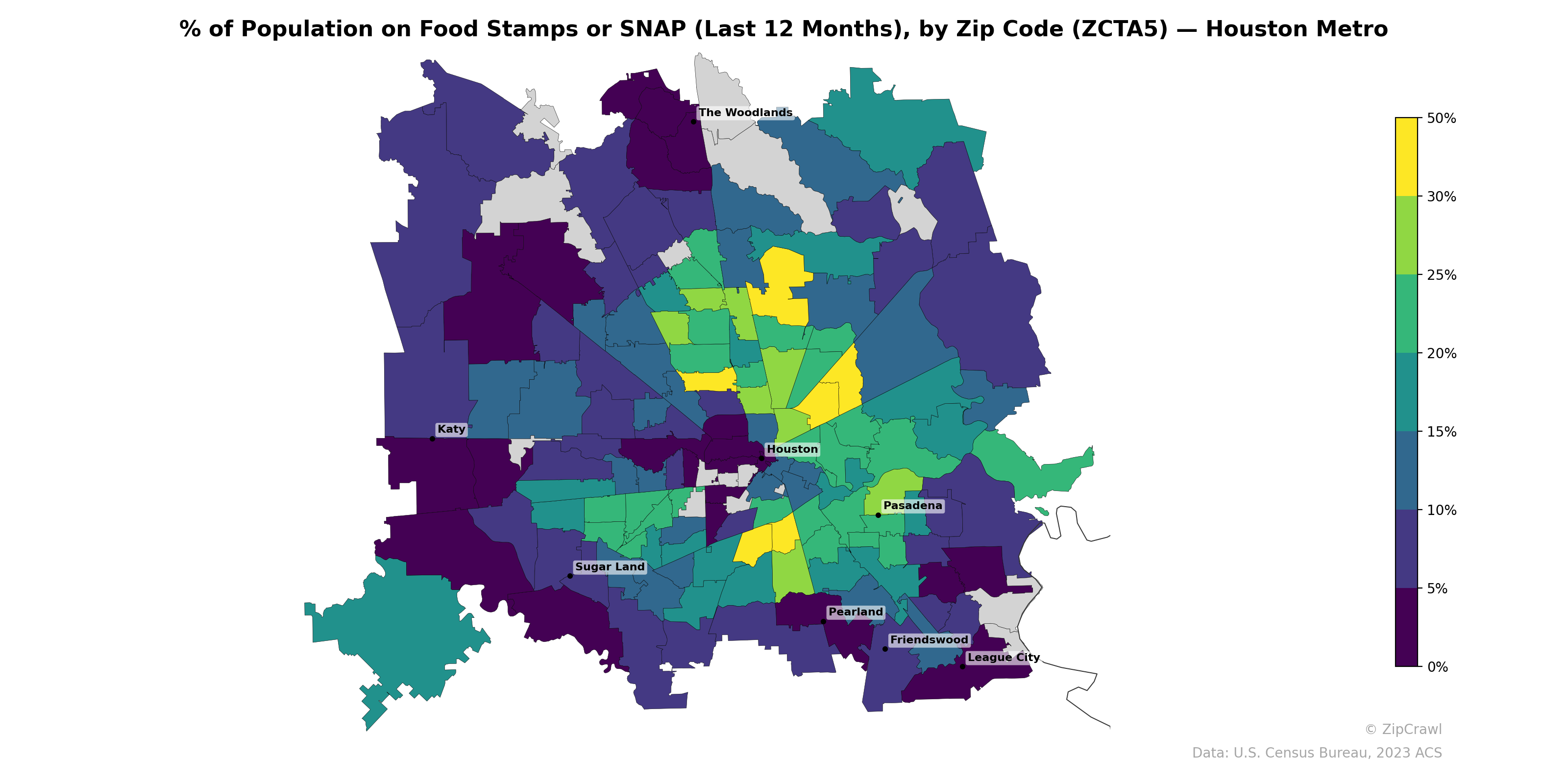 % of Population on Food Stamps or SNAP (Last 12 Months), by Zip Code (ZCTA5) — Houston Metro
