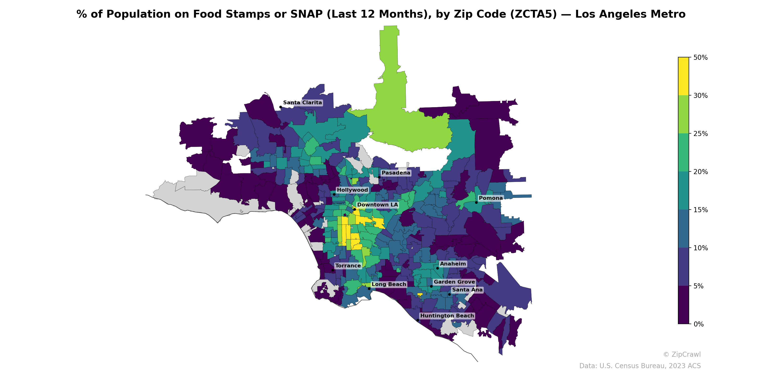 % of Population on Food Stamps or SNAP (Last 12 Months), by Zip Code (ZCTA5) — Los Angeles Metro