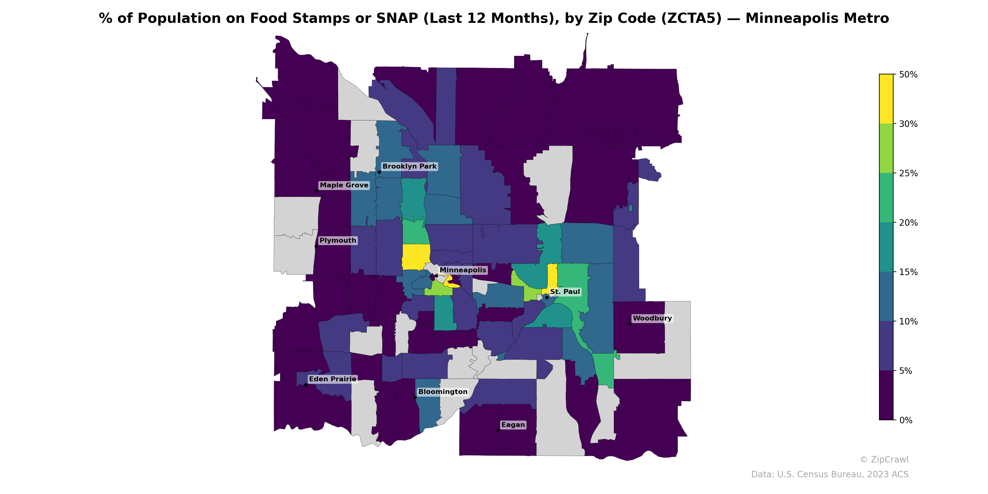 % of Population on Food Stamps or SNAP (Last 12 Months), by Zip Code (ZCTA5) — Minneapolis Metro