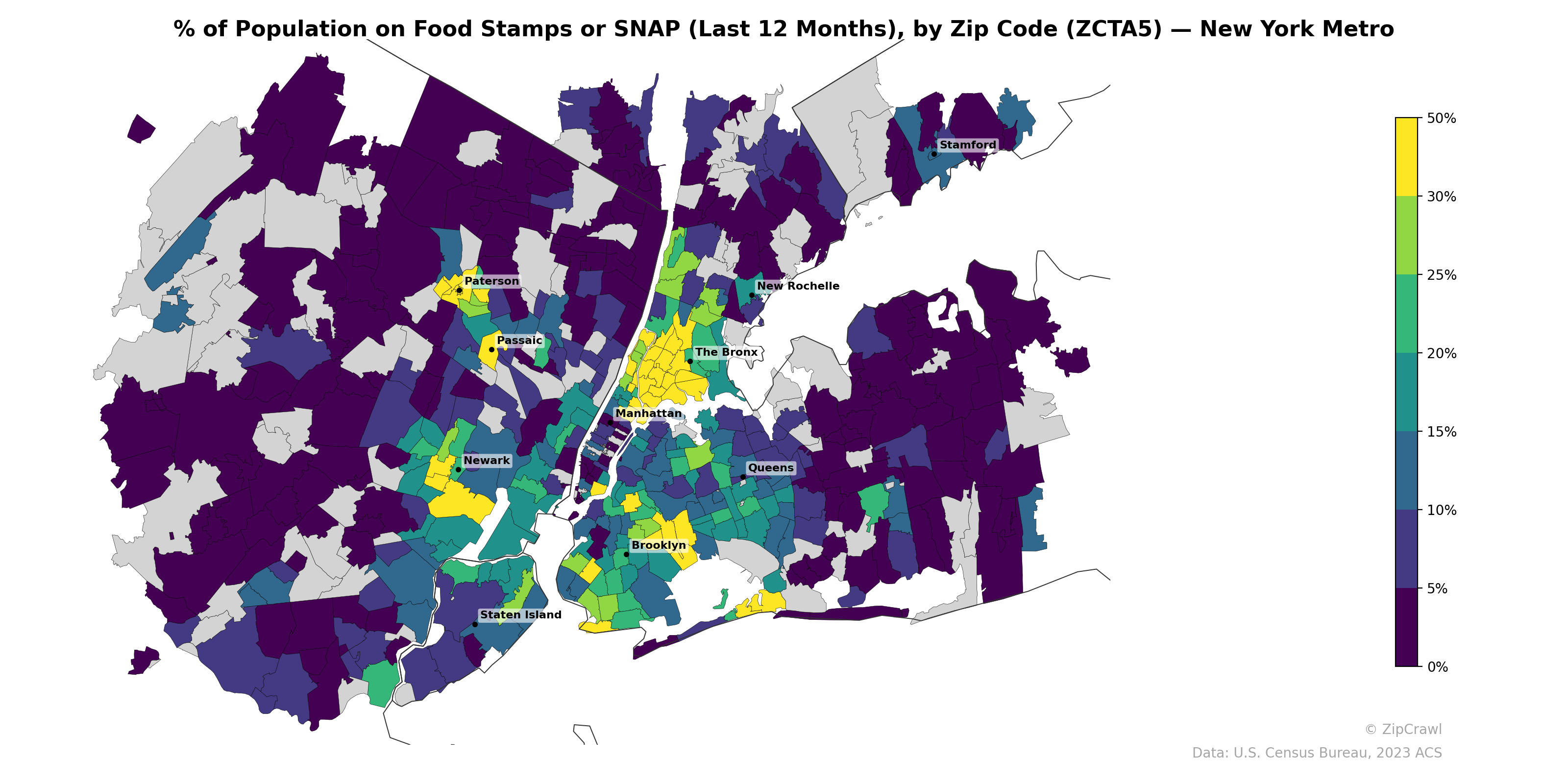 % of Population on Food Stamps or SNAP (Last 12 Months), by Zip Code (ZCTA5) — New York Metro