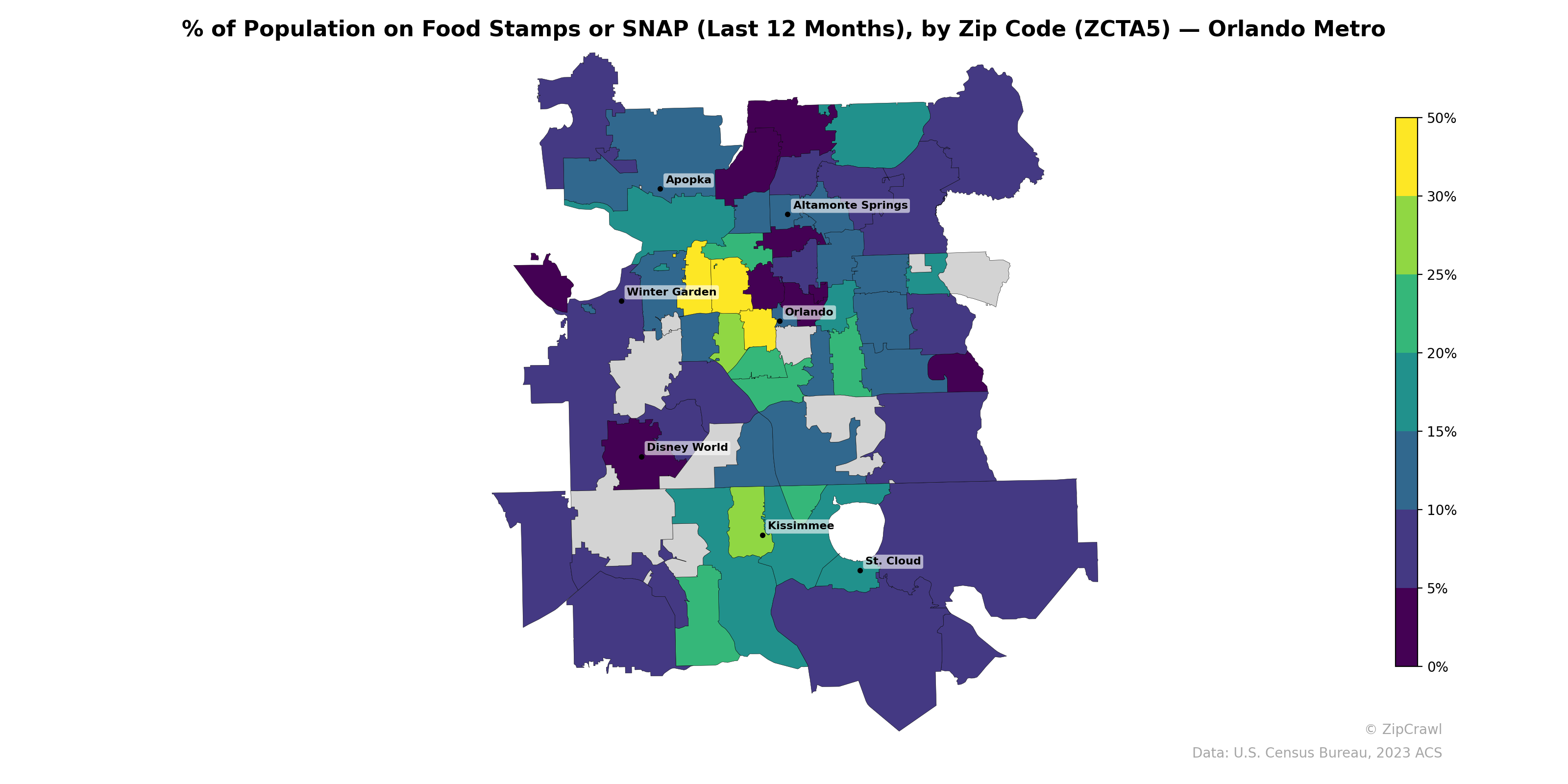 % of Population on Food Stamps or SNAP (Last 12 Months), by Zip Code (ZCTA5) — Orlando Metro