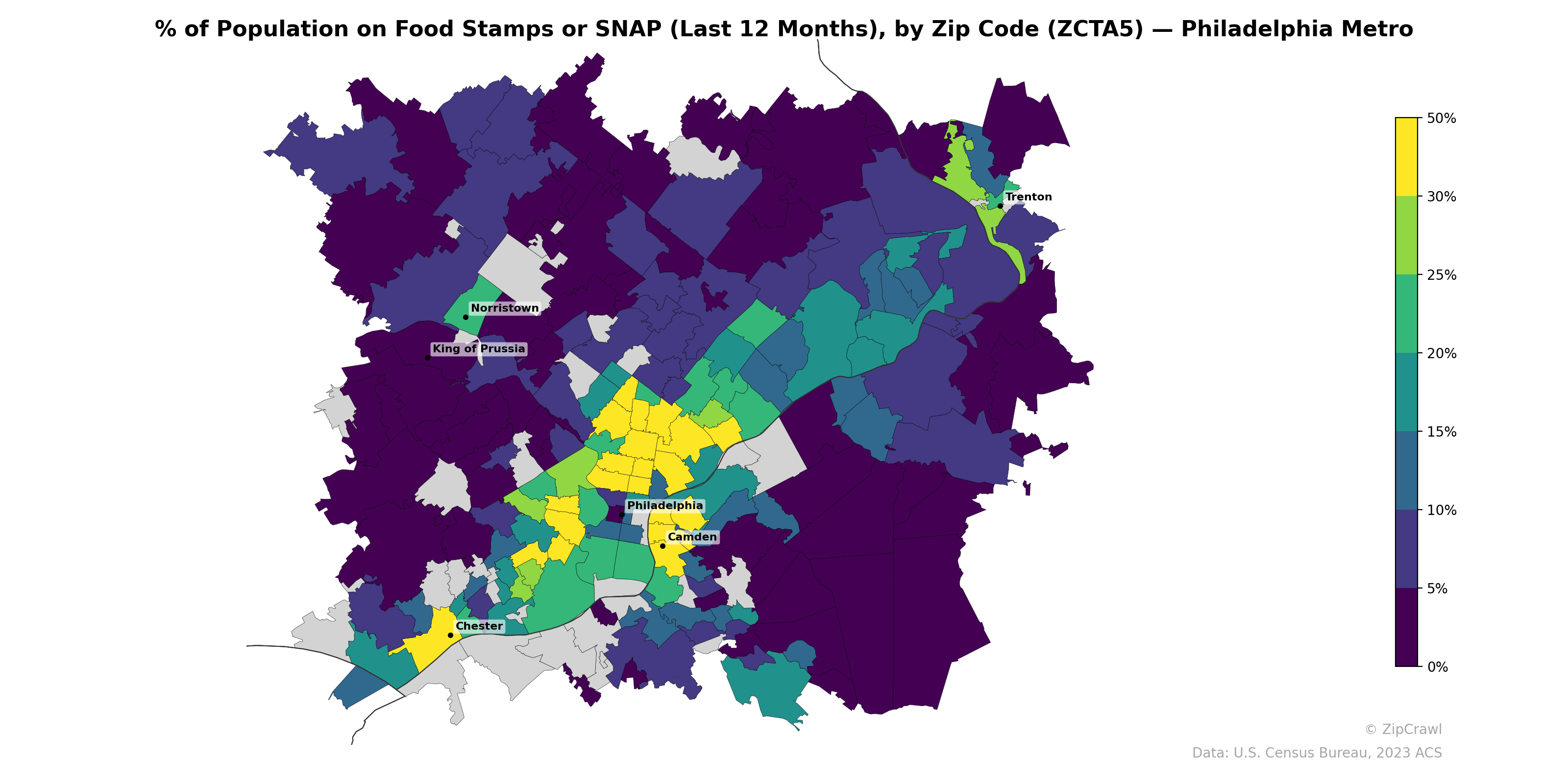 % of Population on Food Stamps or SNAP (Last 12 Months), by Zip Code (ZCTA5) — Philadelphia Metro