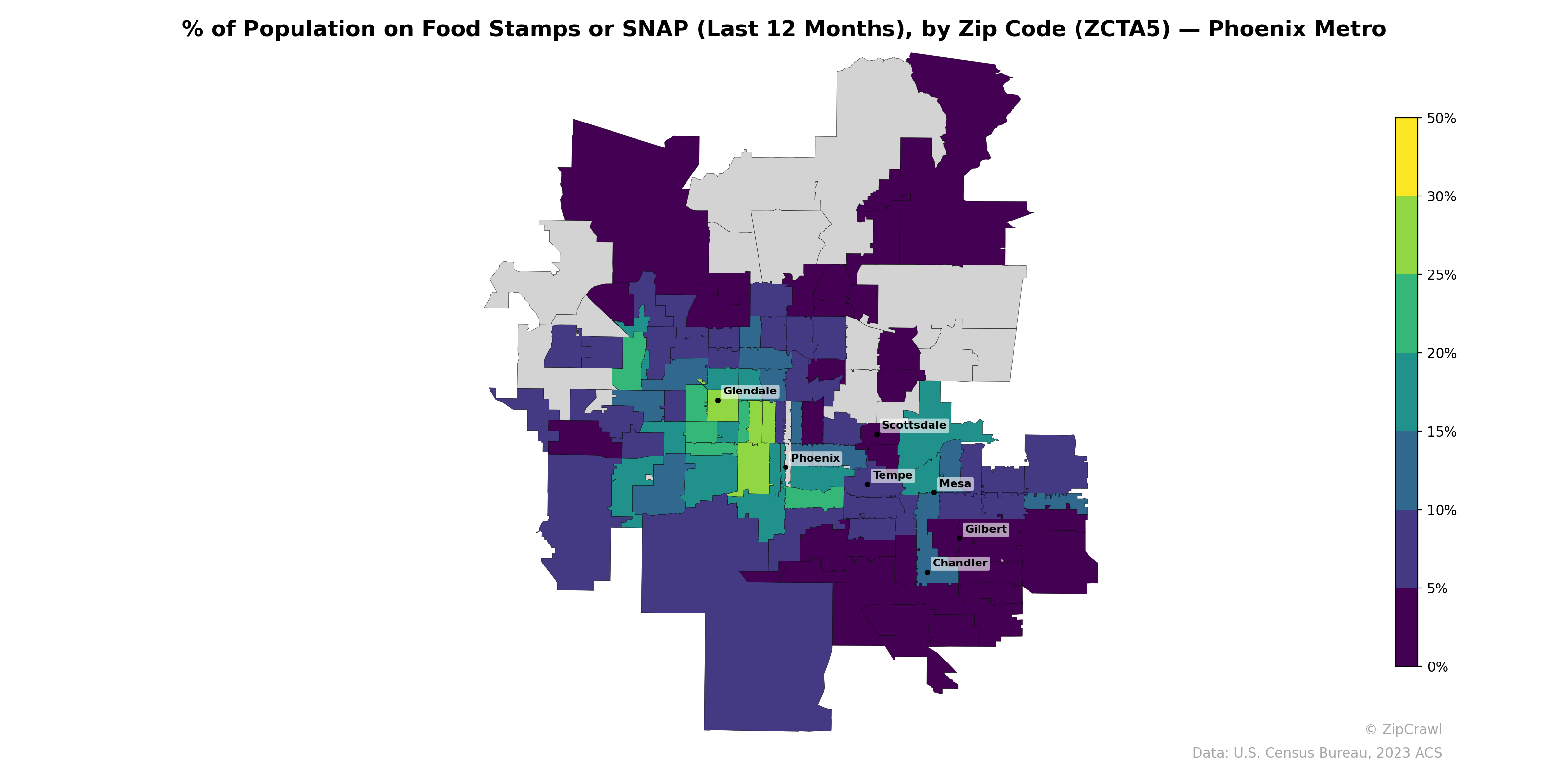% of Population on Food Stamps or SNAP (Last 12 Months), by Zip Code (ZCTA5) — Phoenix Metro