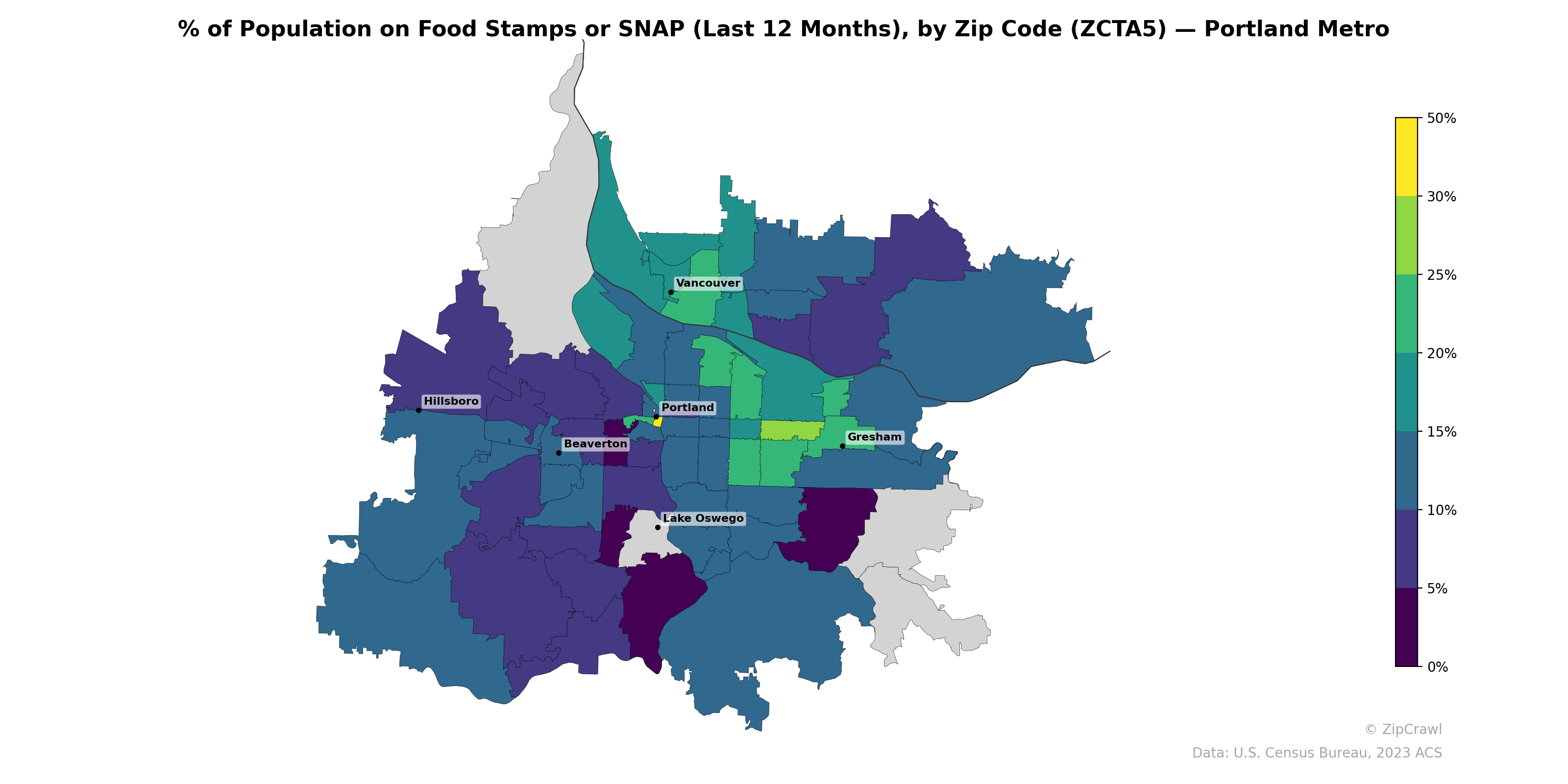 % of Population on Food Stamps or SNAP (Last 12 Months), by Zip Code (ZCTA5) — Portland Metro