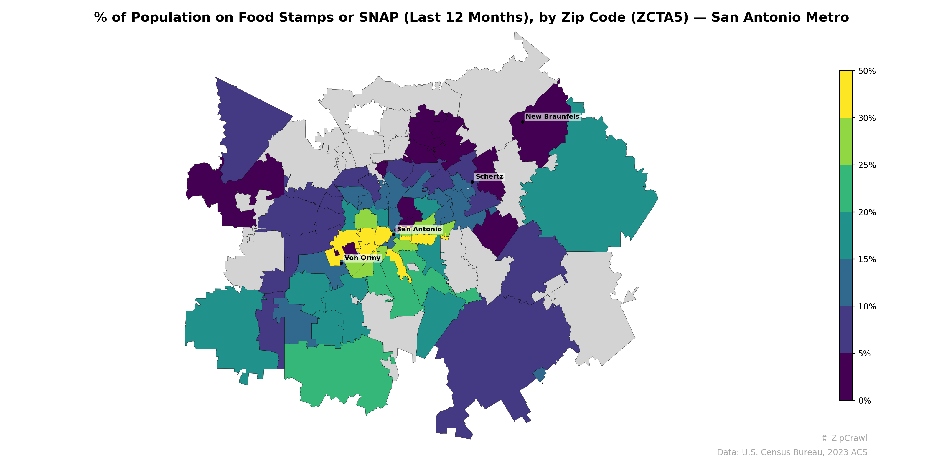 % of Population on Food Stamps or SNAP (Last 12 Months), by Zip Code (ZCTA5) — San Antonio Metro