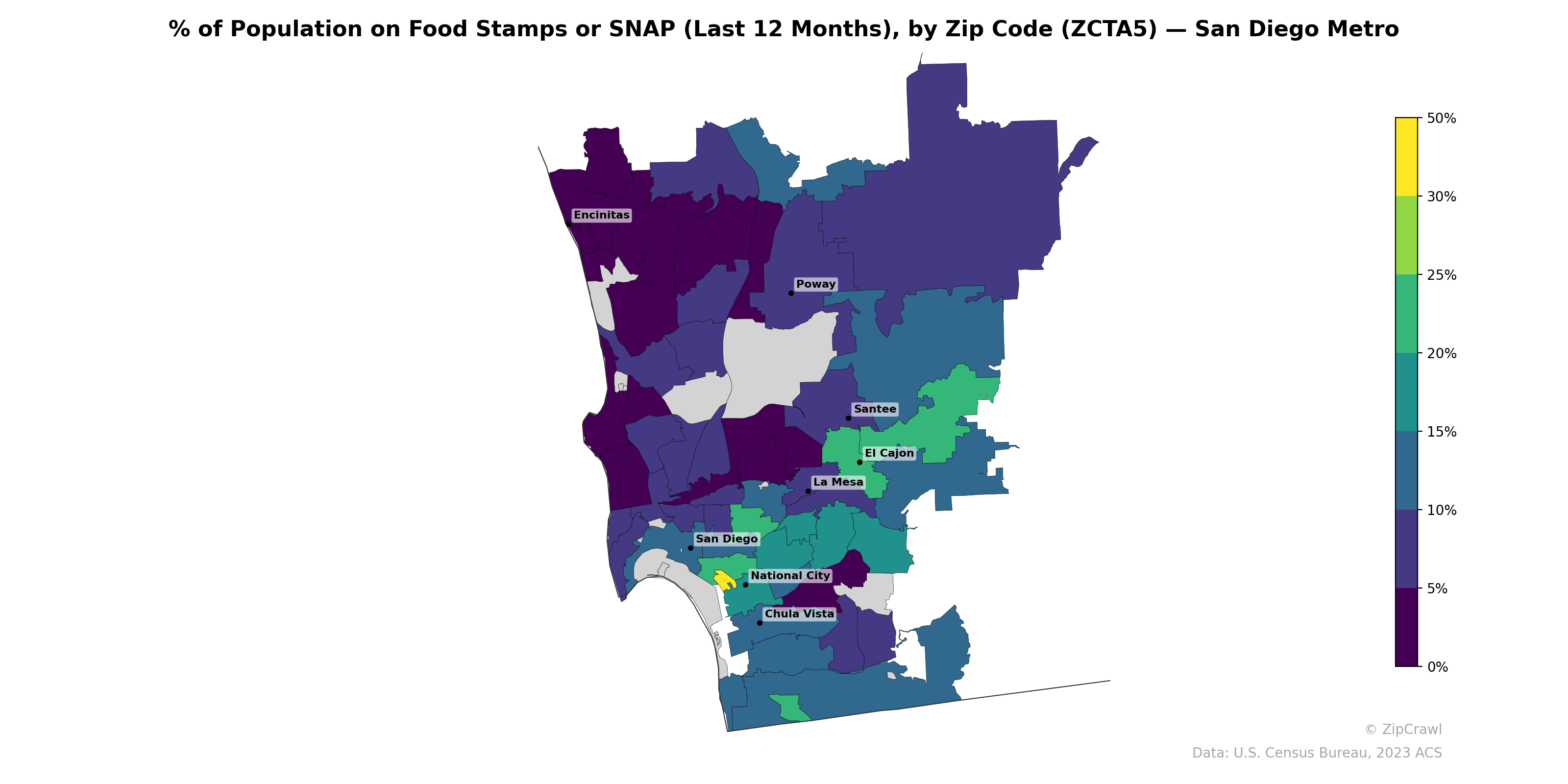 % of Population on Food Stamps or SNAP (Last 12 Months), by Zip Code (ZCTA5) — San Diego Metro