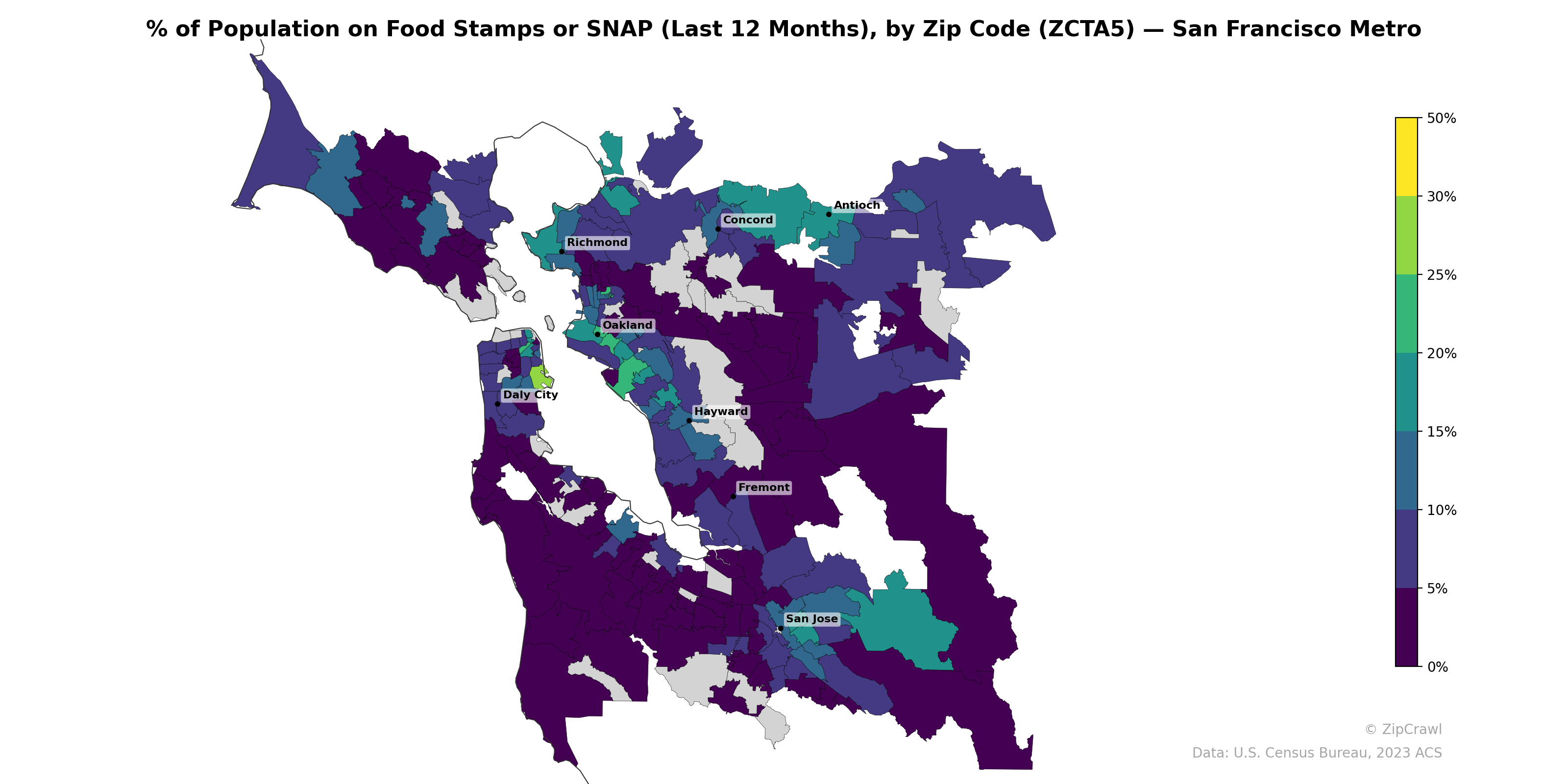 % of Population on Food Stamps or SNAP (Last 12 Months), by Zip Code (ZCTA5) — San Francisco Metro