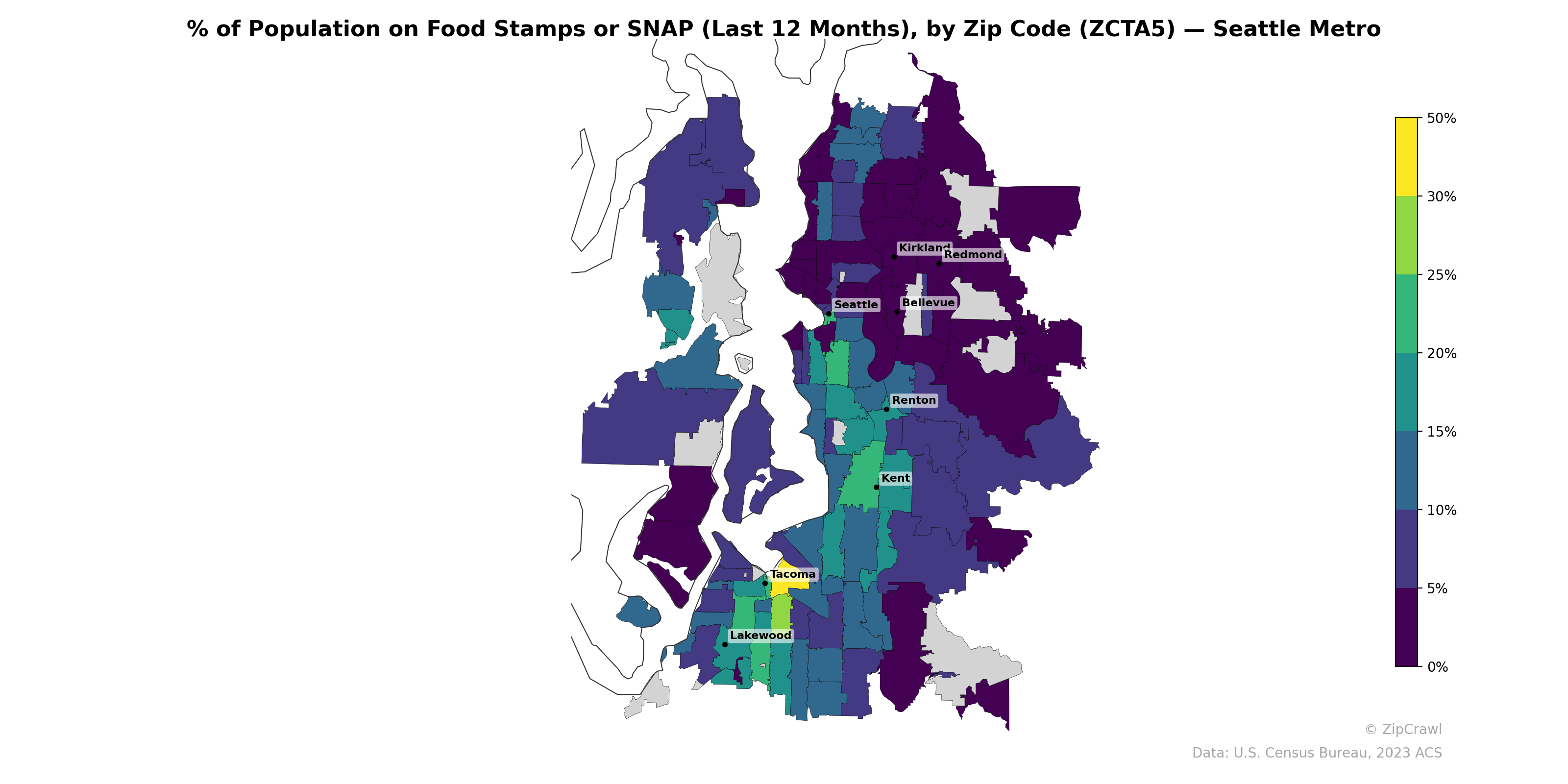 % of Population on Food Stamps or SNAP (Last 12 Months), by Zip Code (ZCTA5) — Seattle Metro