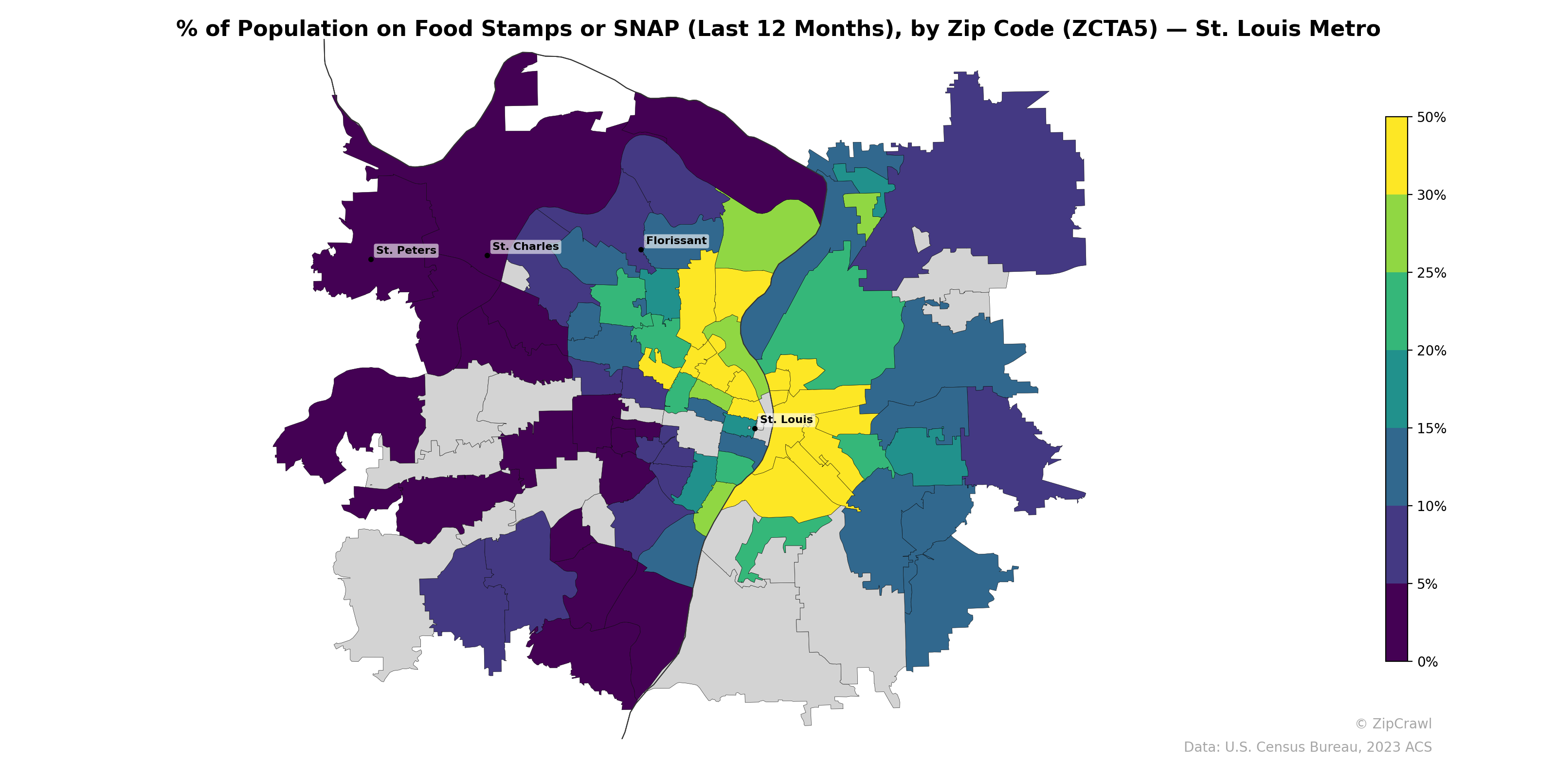 % of Population on Food Stamps or SNAP (Last 12 Months), by Zip Code (ZCTA5) — St. Louis Metro