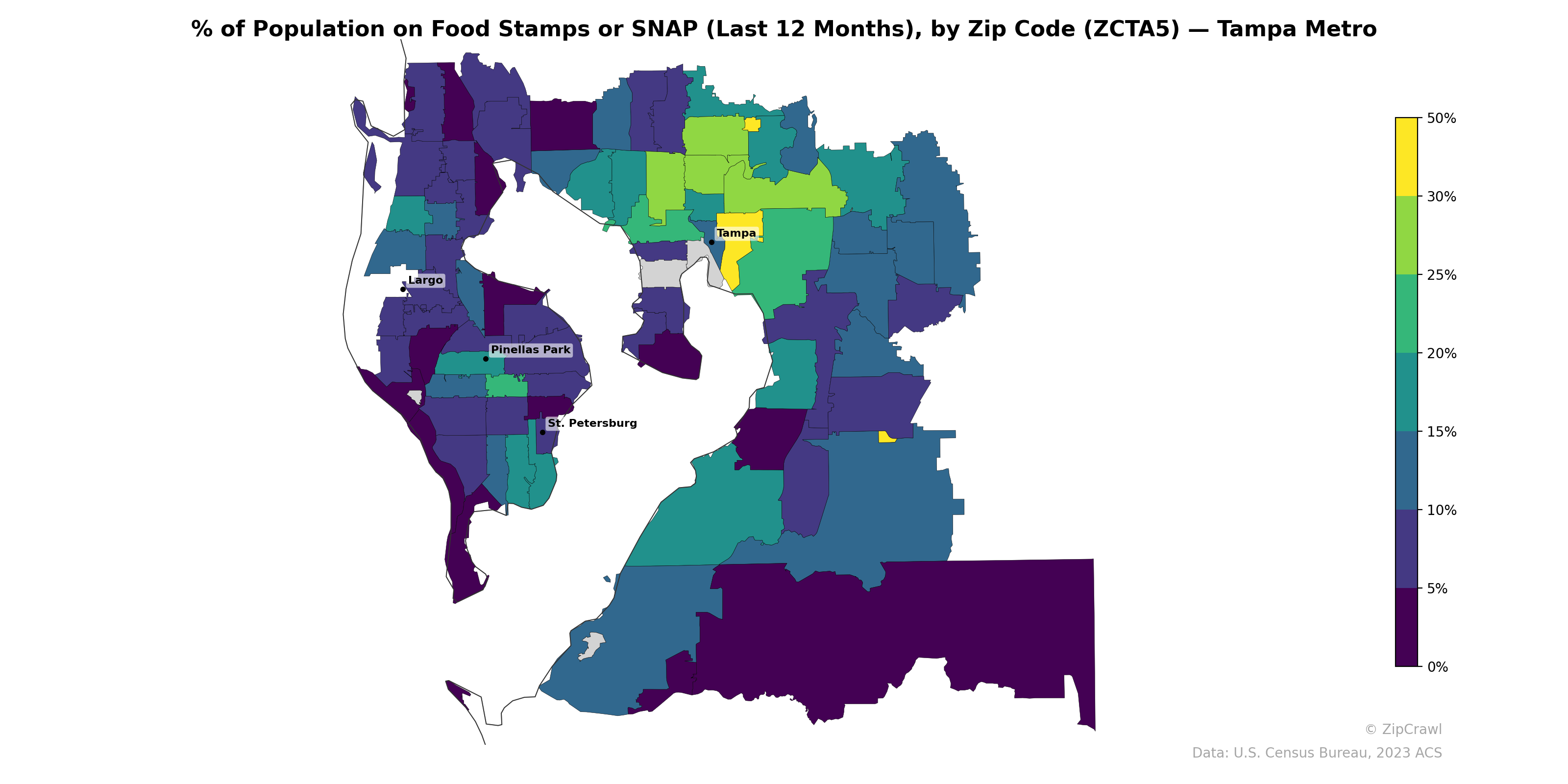 % of Population on Food Stamps or SNAP (Last 12 Months), by Zip Code (ZCTA5) — Tampa Metro