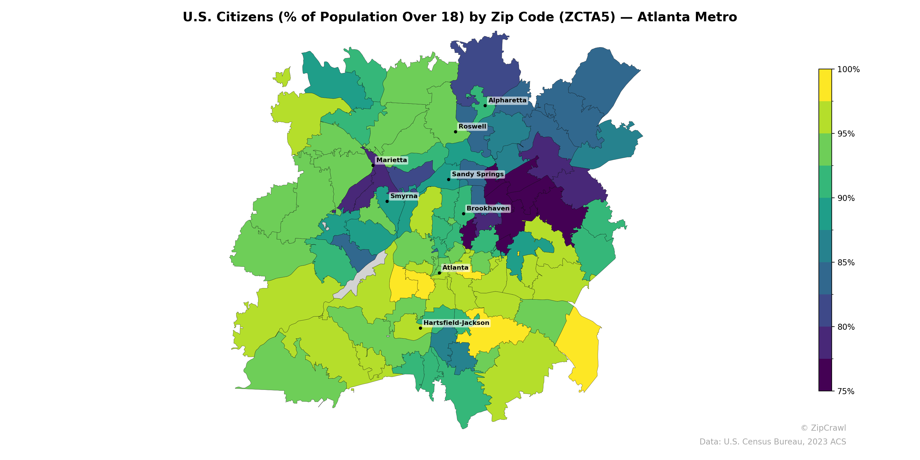 U.S. Citizens (% of Population Over 18) by Zip Code (ZCTA5) — Atlanta Metro